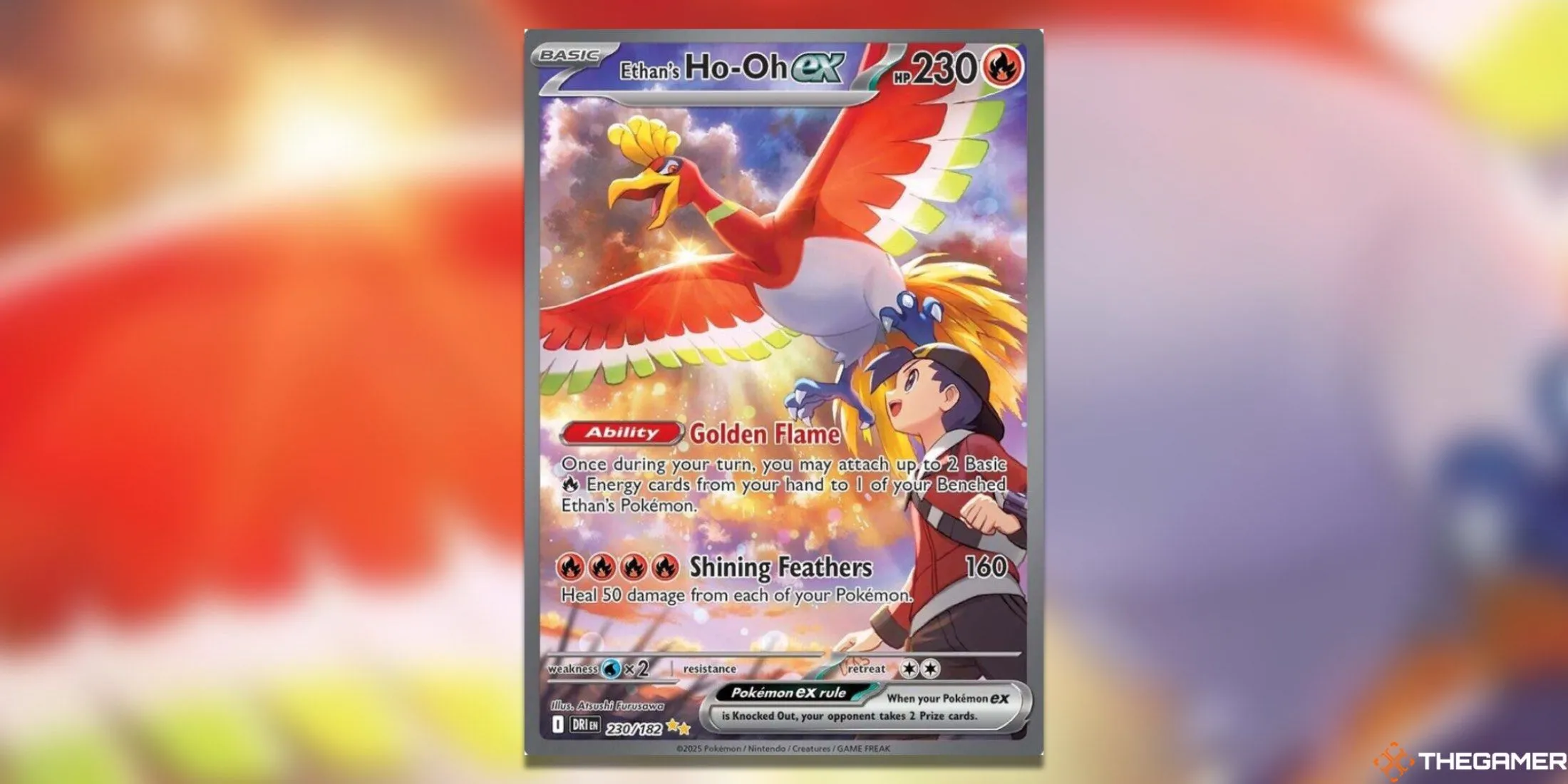 Thẻ bài Ho-Oh ex của Ethan Special Illustration Rare trong Pokemon TCG Destined Rivals, Ethan nhìn lên khi Ho-Oh bay lượn trong ánh sáng mặt trời rực rỡ