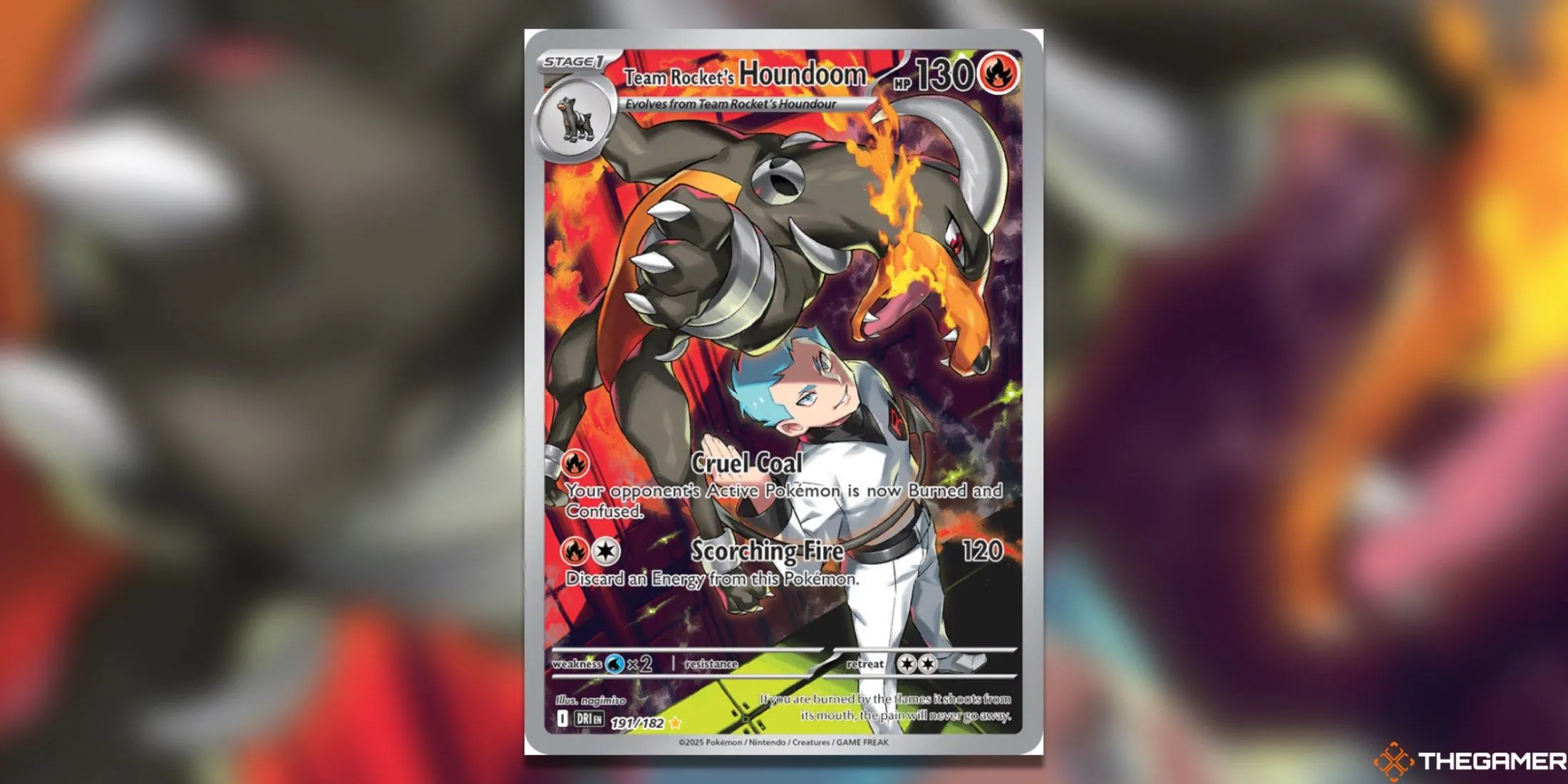 Thẻ bài Houndoom của Team Rocket trong Pokemon TCG Destined Rivals, với Archer và Houndoom thể hiện sự kết hợp màu sắc ấn tượng của tổ chức phản diện này