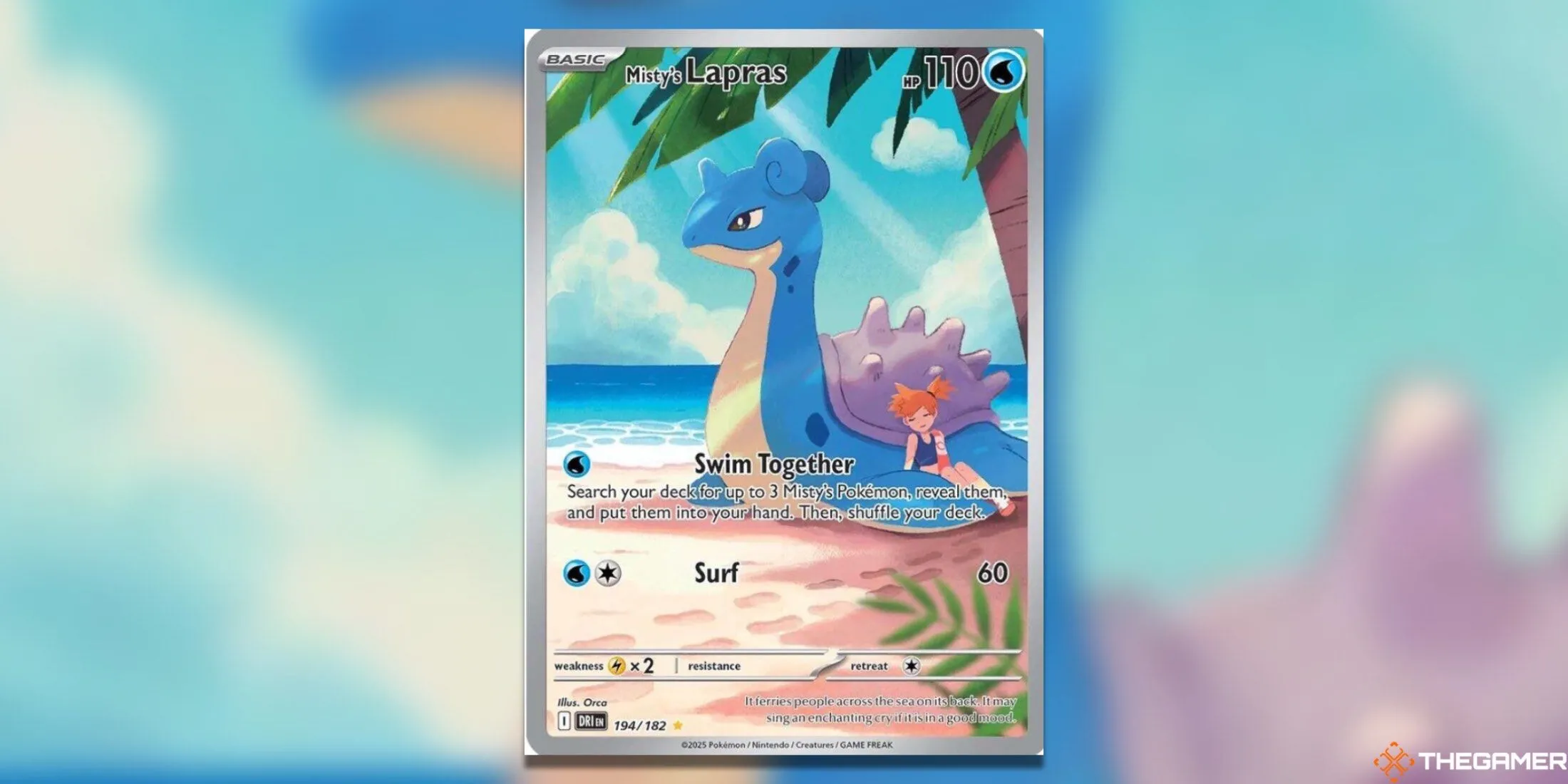 Thẻ bài Lapras của Misty Illustration Rare trong Pokemon TCG Destined Rivals, một cảnh Lapras và Misty bơi lội dưới ánh nắng tạo nên sự tươi sáng bất ngờ