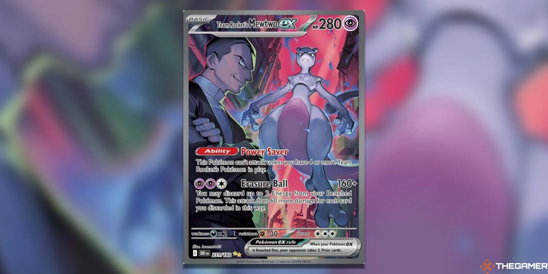 Thẻ bài Mewtwo ex của Team Rocket Special Illustration Rare trong Pokemon TCG Destined Rivals, thể hiện Giovanni và Mewtwo với nền đỏ ấn tượng, là lá bài giá trị nhất bộ