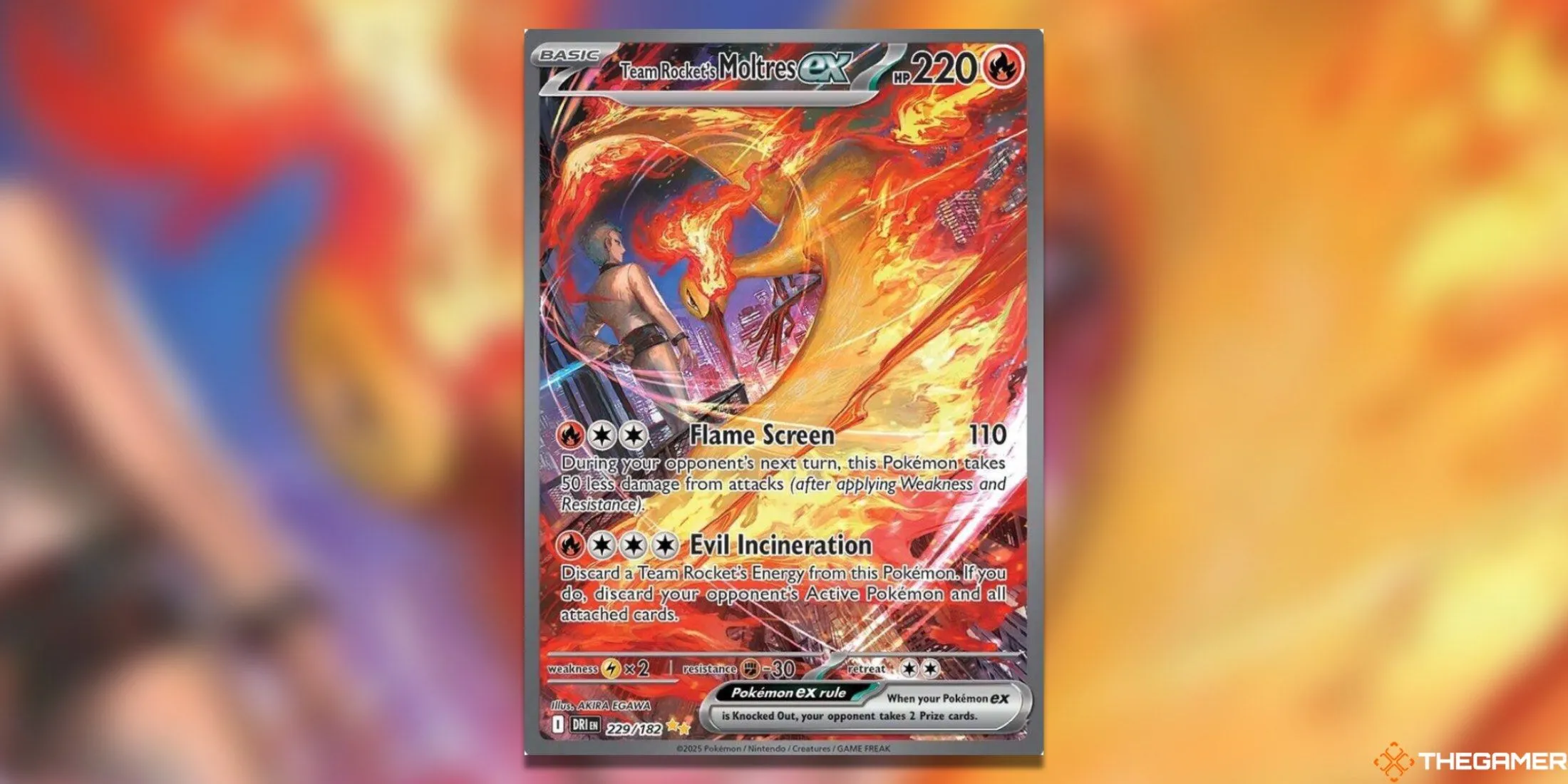 Thẻ bài Moltres ex của Team Rocket Special Illustration Rare trong Pokemon TCG Destined Rivals, với artwork tối màu nhưng đầy chi tiết về chim lửa huyền thoại