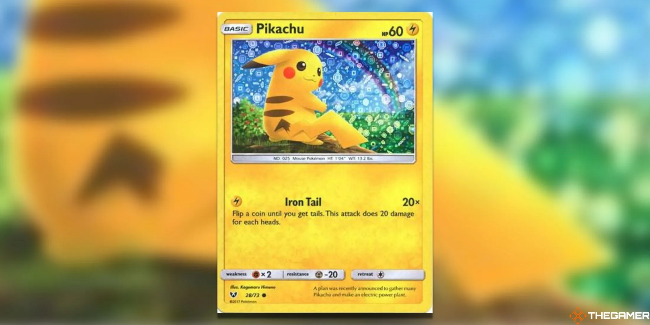 Thẻ bài Pikachu 28/73 promo General Mills với artwork cầu vồng rực rỡ