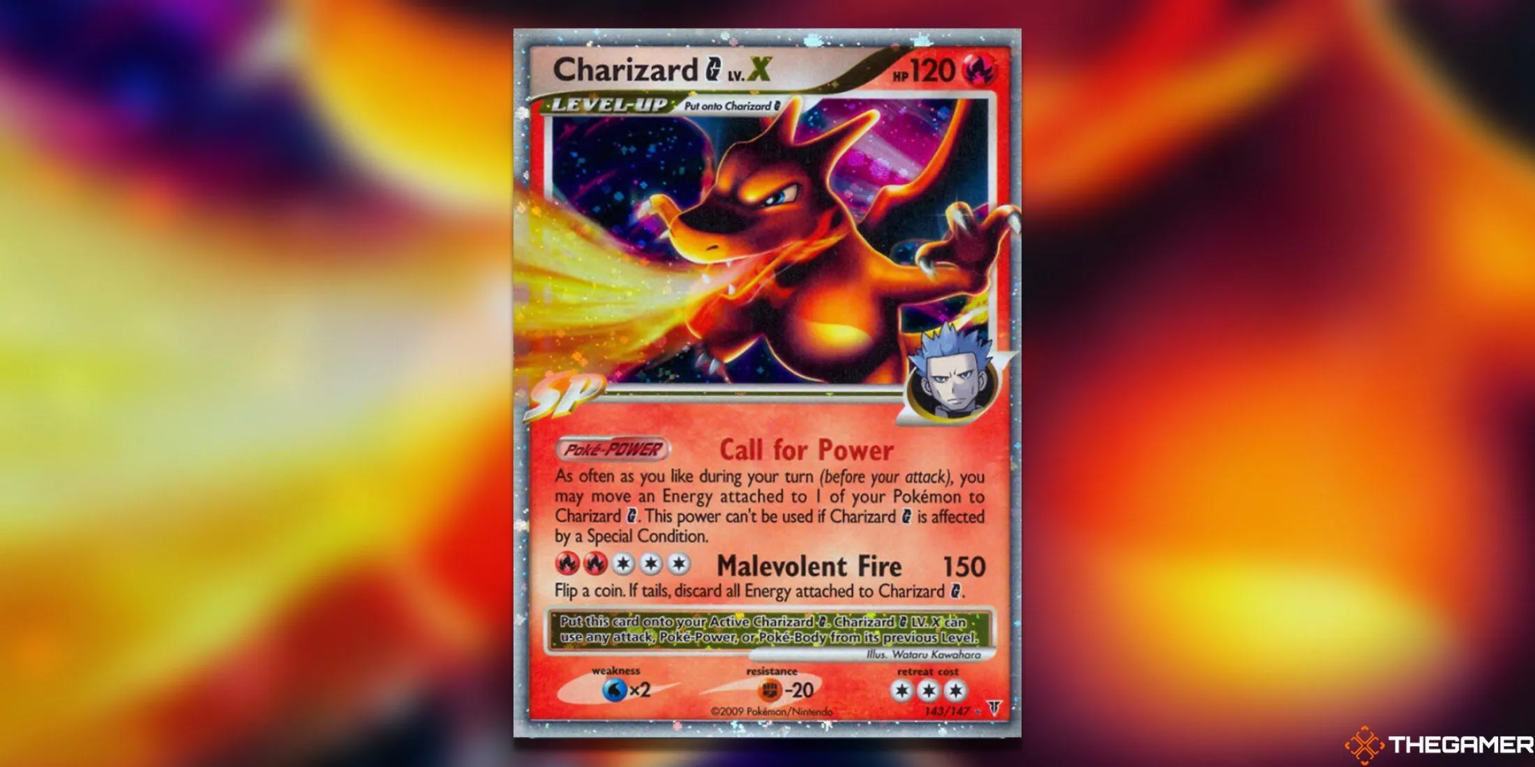 Thẻ bài Pokemon TCG Charizard G LV. X Ultra Rare từ set Supreme Victors, với thiết kế rực lửa cùng Cyrus.