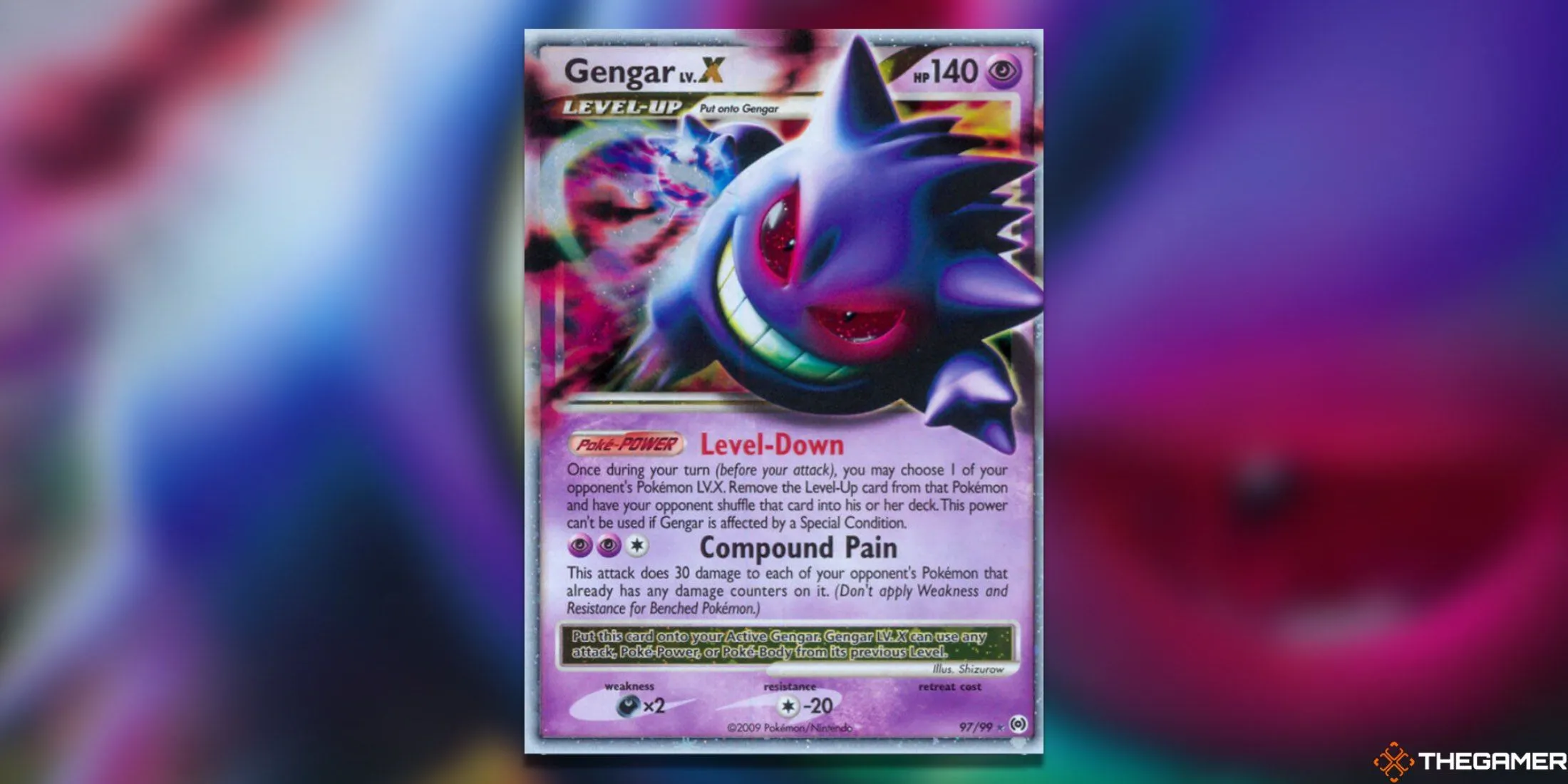 Thẻ bài Pokemon TCG Gengar LV. X Ultra Rare từ set Arceus, xuất hiện từ bóng tối với một tư thế ấn tượng.