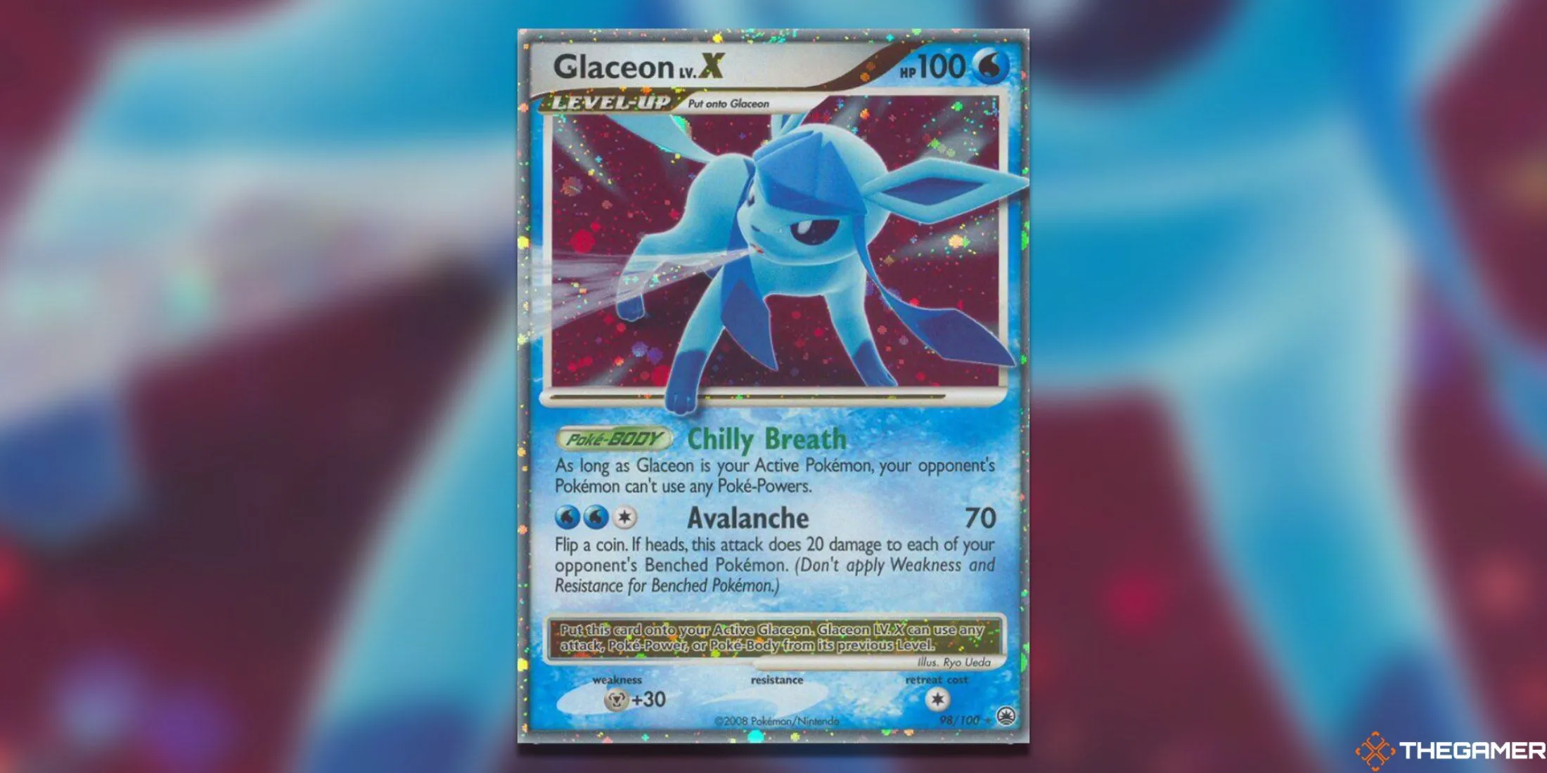 Thẻ bài Pokemon TCG Glaceon LV. X Ultra Rare từ set Majestic Dawn, với thiết kế ấn tượng và nền đỏ tương tự Leafeon.