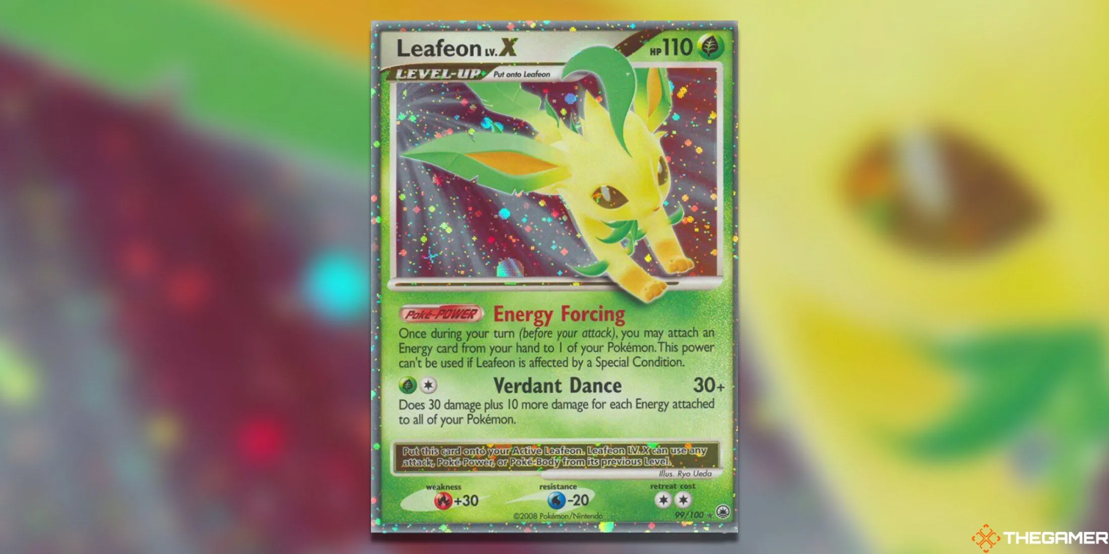 Thẻ bài Pokemon TCG Leafeon LV. X Ultra Rare từ set Majestic Dawn, nổi bật với tông màu xanh lá cây và ánh bạc.