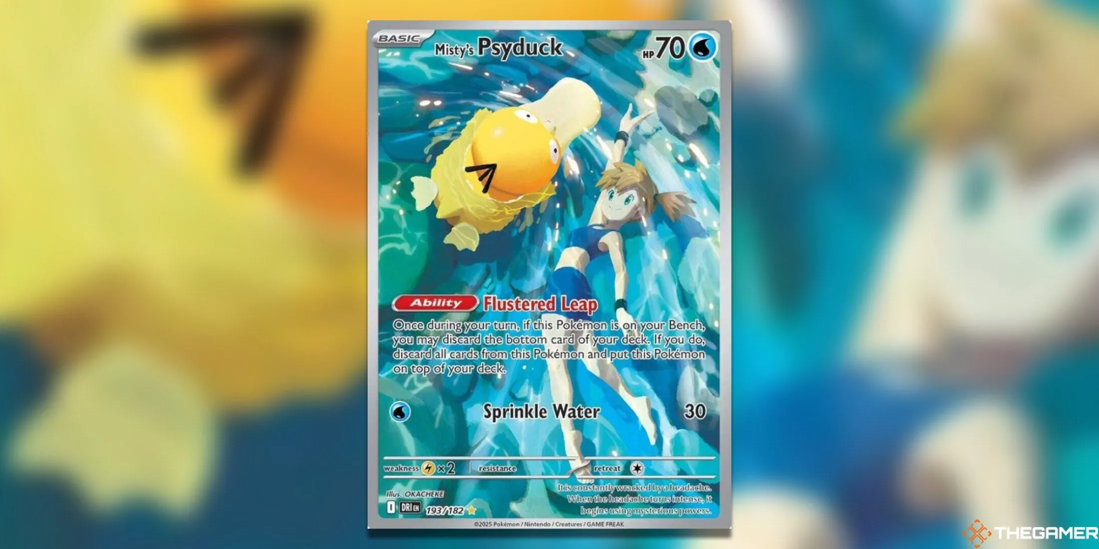 Thẻ bài Psyduck của Misty Illustration Rare trong Pokemon TCG Destined Rivals, một cảnh Psyduck và Misty đang vui vẻ dưới mưa, tạo nên sự đáng yêu và bất ngờ