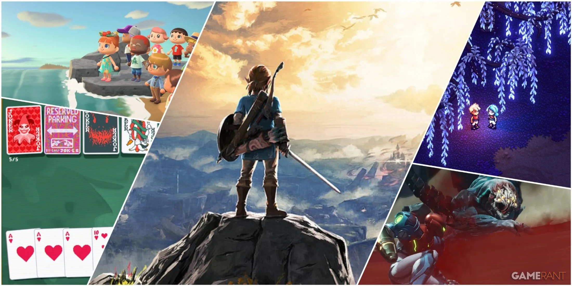 Tổng hợp các tựa game Nintendo nổi bật như Animal Crossing New Horizons, Metroid Dread và The Legend Of Zelda Breath Of The Wild, minh họa cho thành công của Nintendo Switch.
