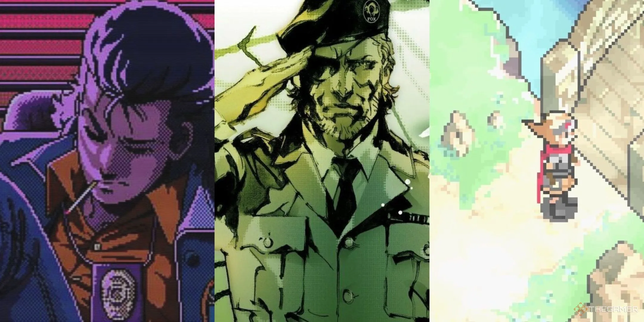 Tổng hợp hình ảnh nhân vật nổi bật trong game của Hideo Kojima, bao gồm Policenauts, Snake trong MGS 3 và nhân vật Boktai, thể hiện phong cách sáng tạo đặc trưng.