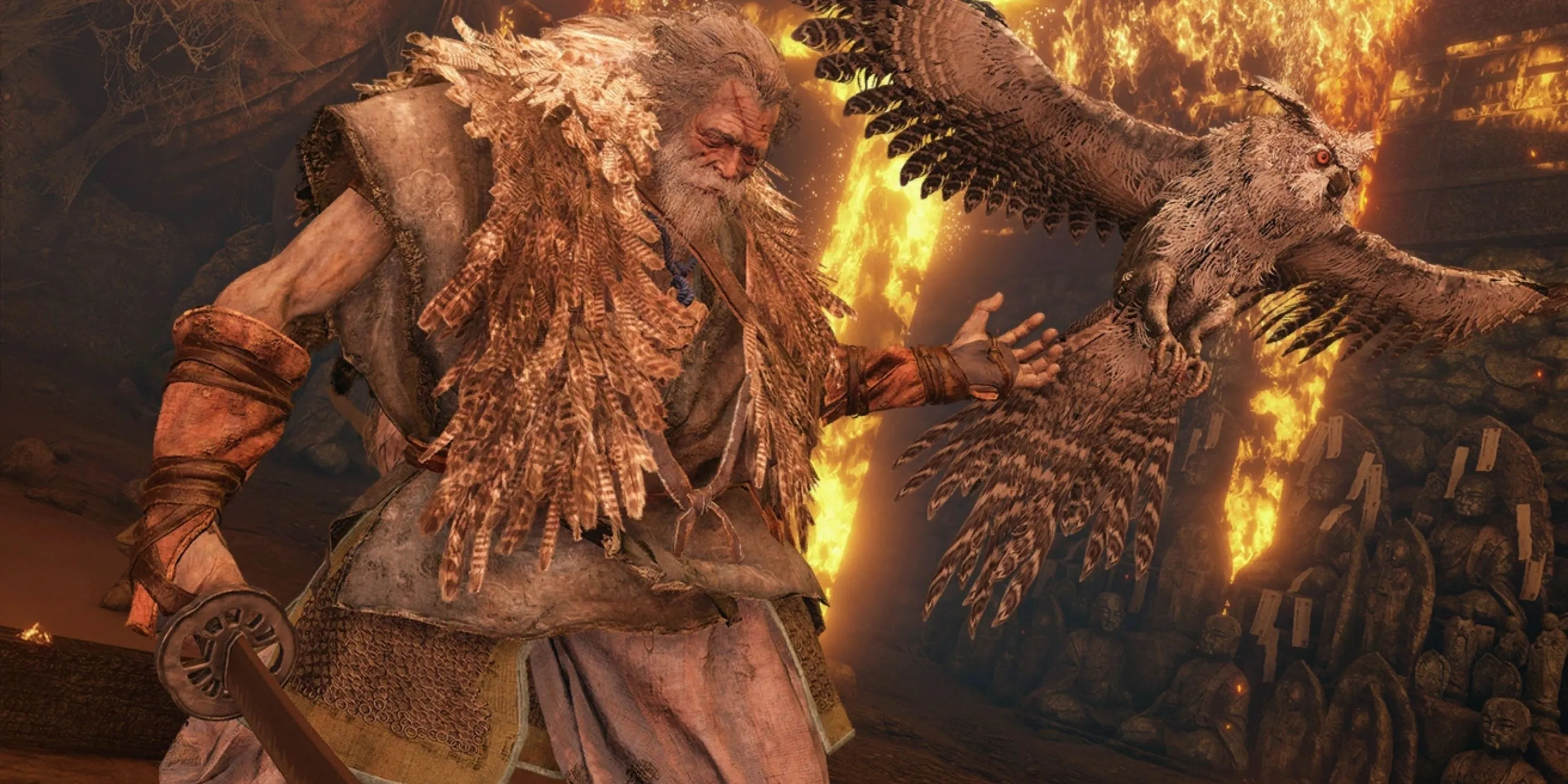 Trùm cuối Hồi ức Owl (Owl Father) trong Sekiro: Shadows Die Twice, một thử thách khó nhằn trong nội dung DLC.