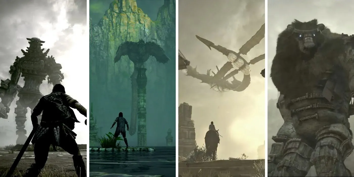 Tuyển tập các Colossus hùng vĩ từ game Shadow of the Colossus, minh họa đa dạng kẻ thù khổng lồ.