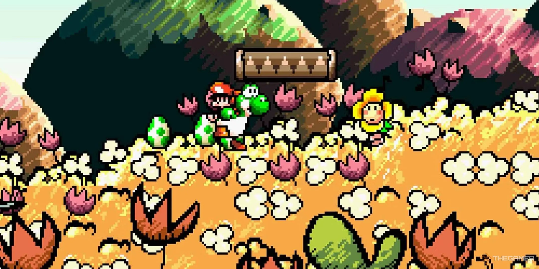 Yoshi cõng Baby Mario qua cánh đồng vàng trong Super Mario World 2: Yoshi's Island với đồ họa phong cách truyện tranh