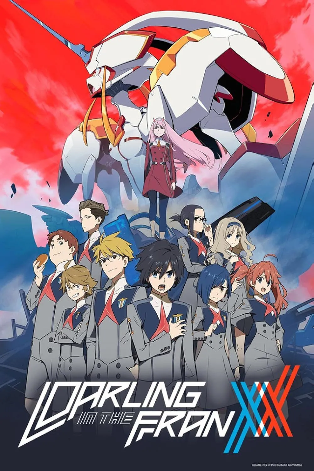 Zero Two và Hiro đứng cạnh FranXX Strelizia trong poster Darling in the Franxx, biểu tượng cho mối quan hệ phức tạp và thiết kế mech độc đáo của anime.
