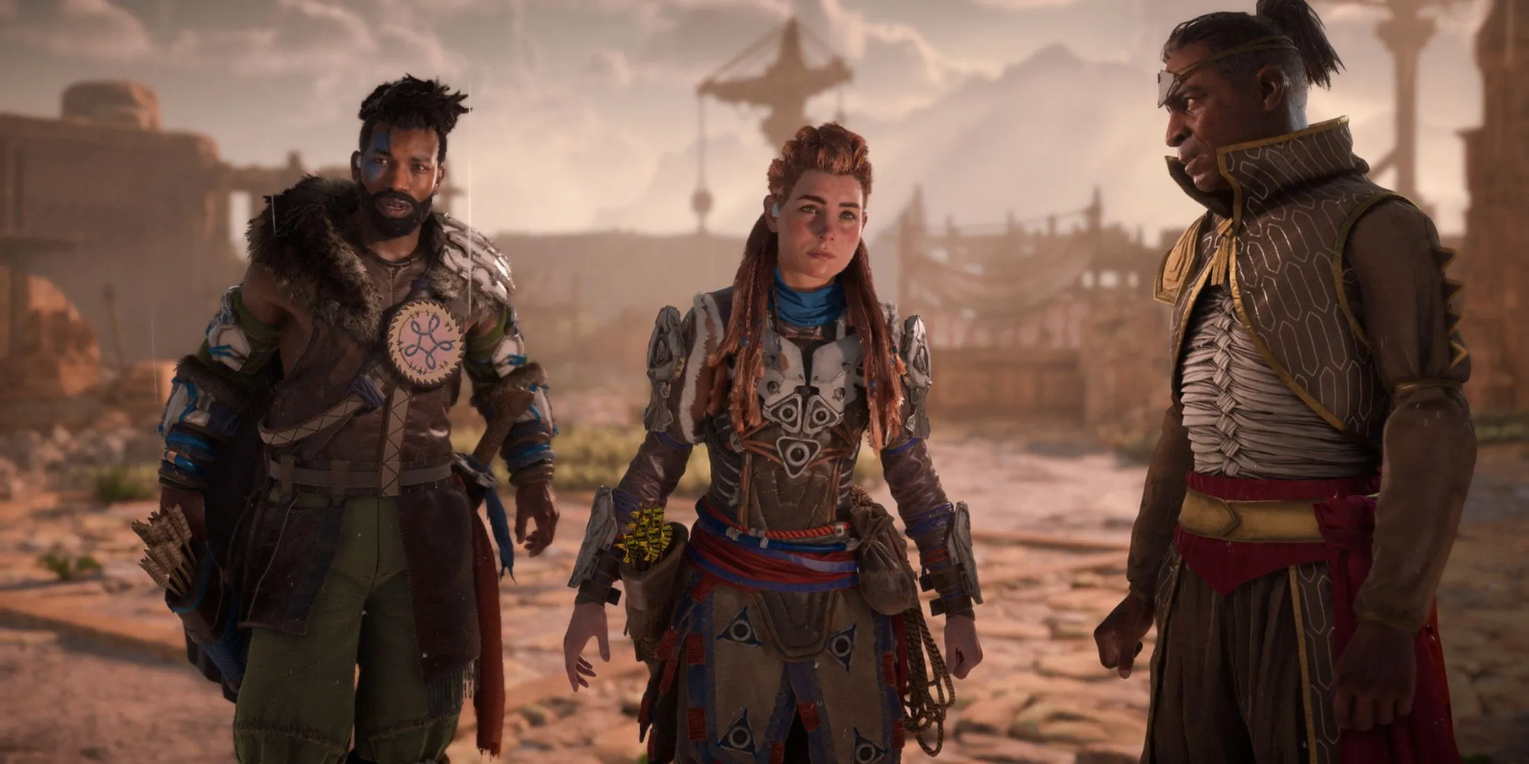 Aloy và Varl trong một cảnh của Horizon Forbidden West, nhấn mạnh sự hiện diện và vai trò hỗ trợ của các nhân vật đồng hành