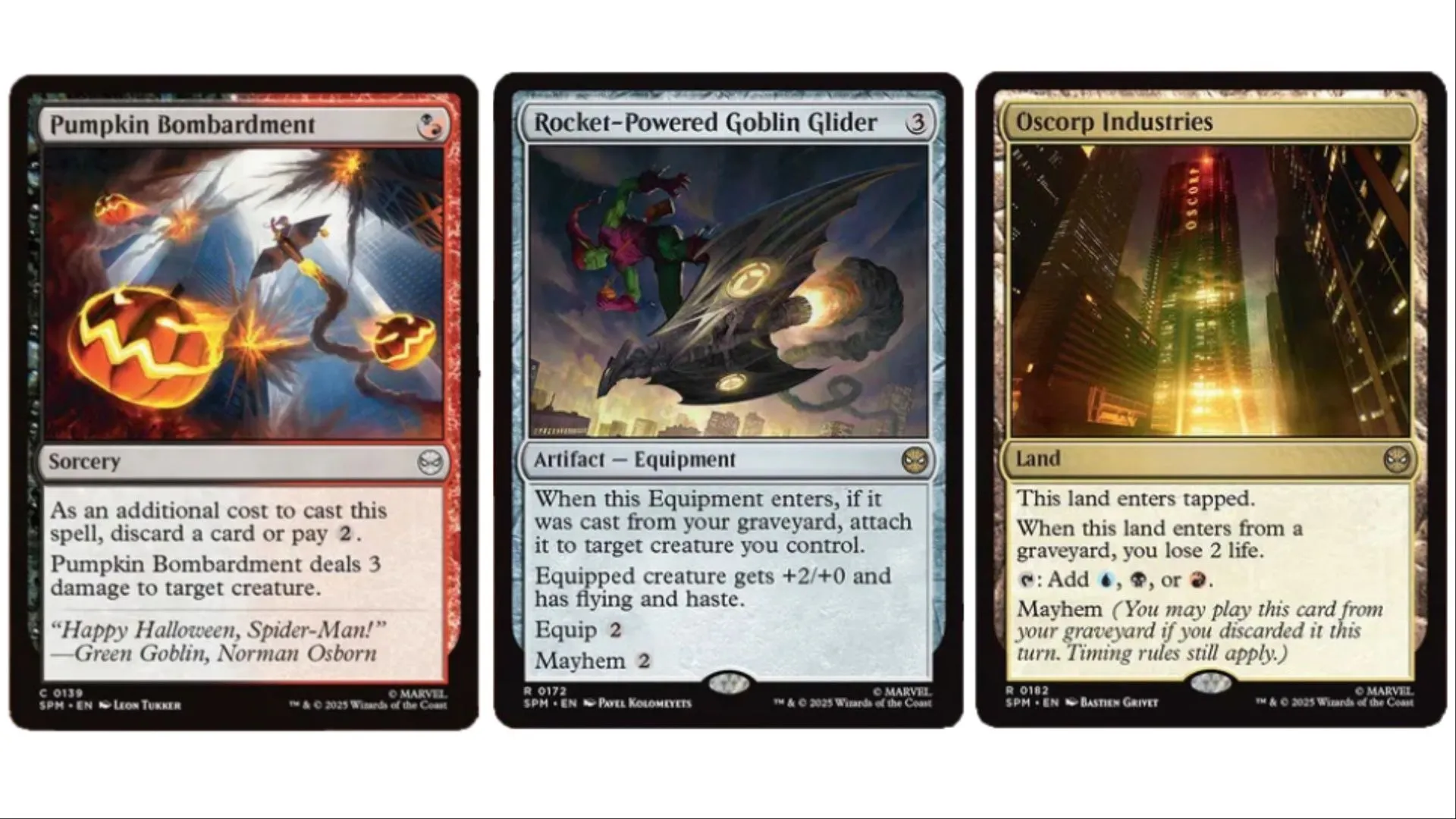 Ba thẻ bài Magic: The Gathering x Spider-Man của Green Goblin: Pumpkin Bombardment, Rocket-Powered Goblin Glider và Oscorp Industries.
