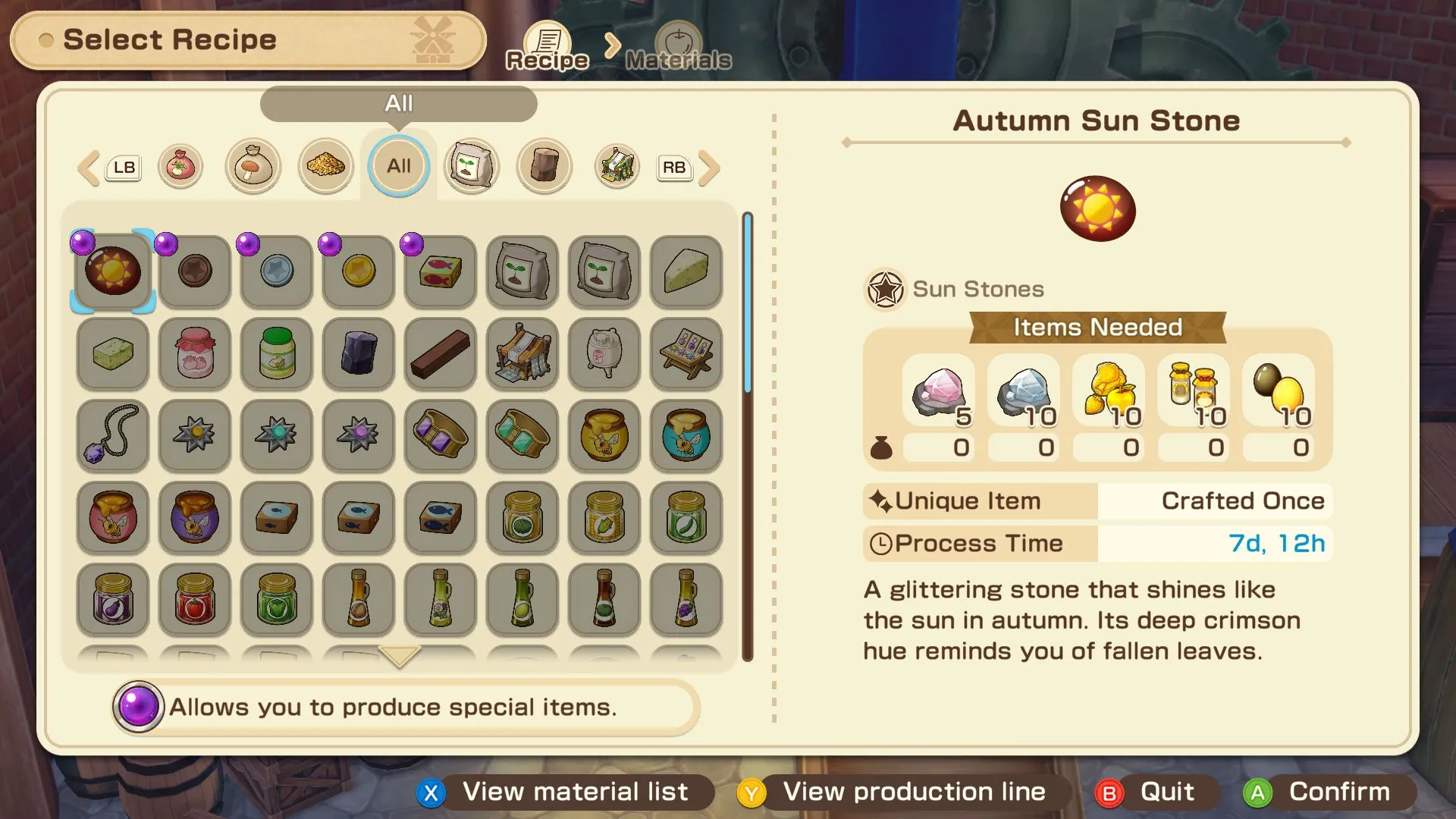 Bảng công thức chế tạo vật phẩm đặc biệt tại Cối xay gió Xanh với Purple Wonderstone trong Story of Seasons Grand Bazaar