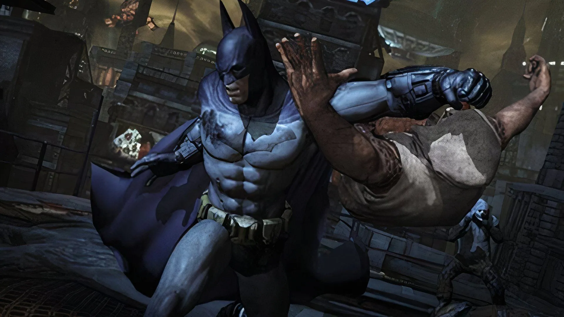 Batman tung cú đấm uy lực vào kẻ thù trong một phân cảnh hành động điển hình từ game Batman: Arkham City, thể hiện khả năng chiến đấu thượng thừa.