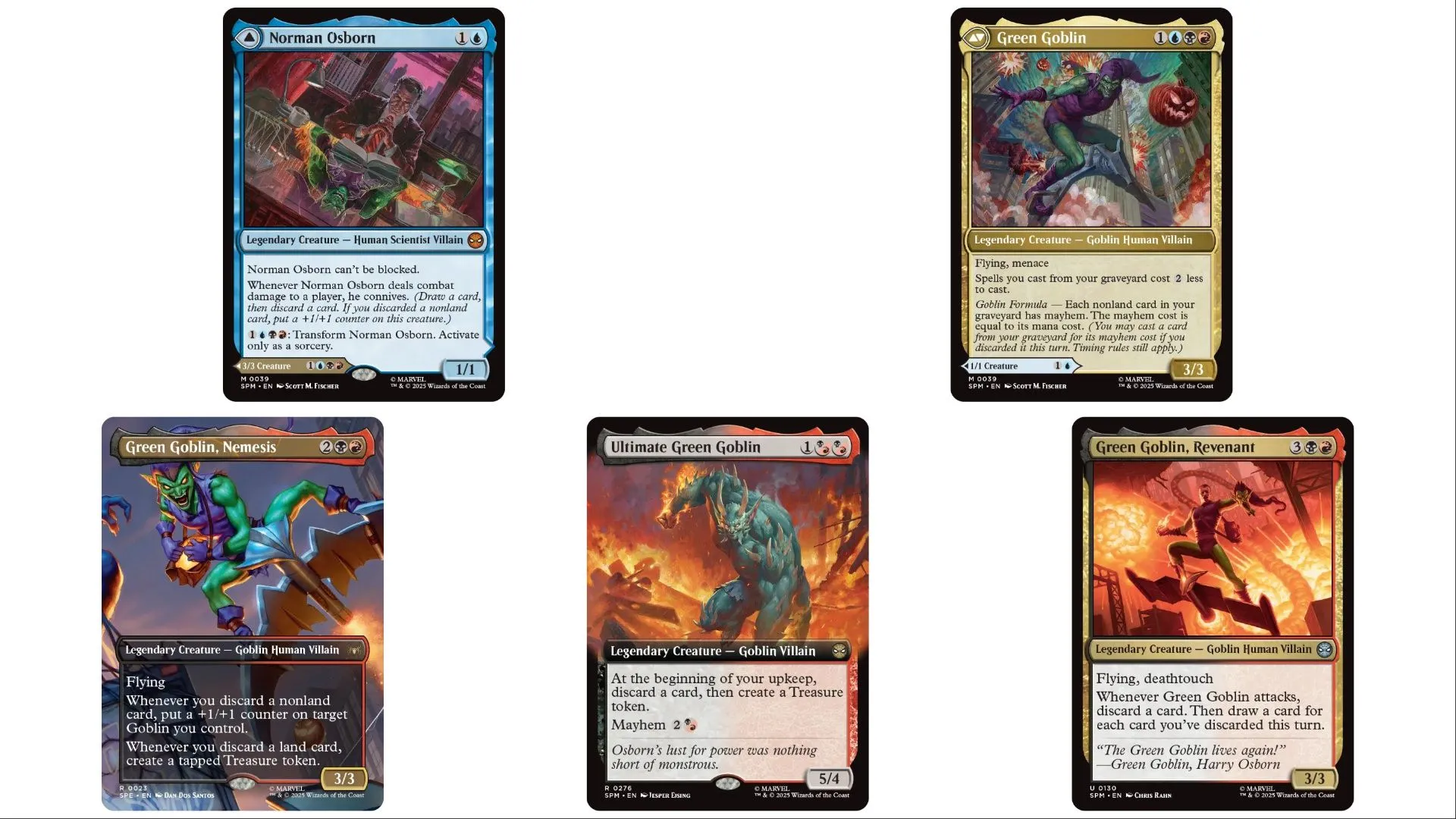 Các phiên bản thẻ bài Green Goblin khác nhau trong bộ Magic: The Gathering x Marvel's Spider-Man, bao gồm Norman Osborn.