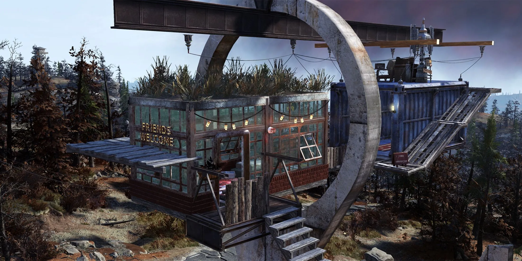 Căn cứ C.A.M.P. đa tầng, phức tạp trong Fallout 76, minh họa cho khả năng xây dựng tự do mới và các chế độ đặt vật phẩm được nới lỏng