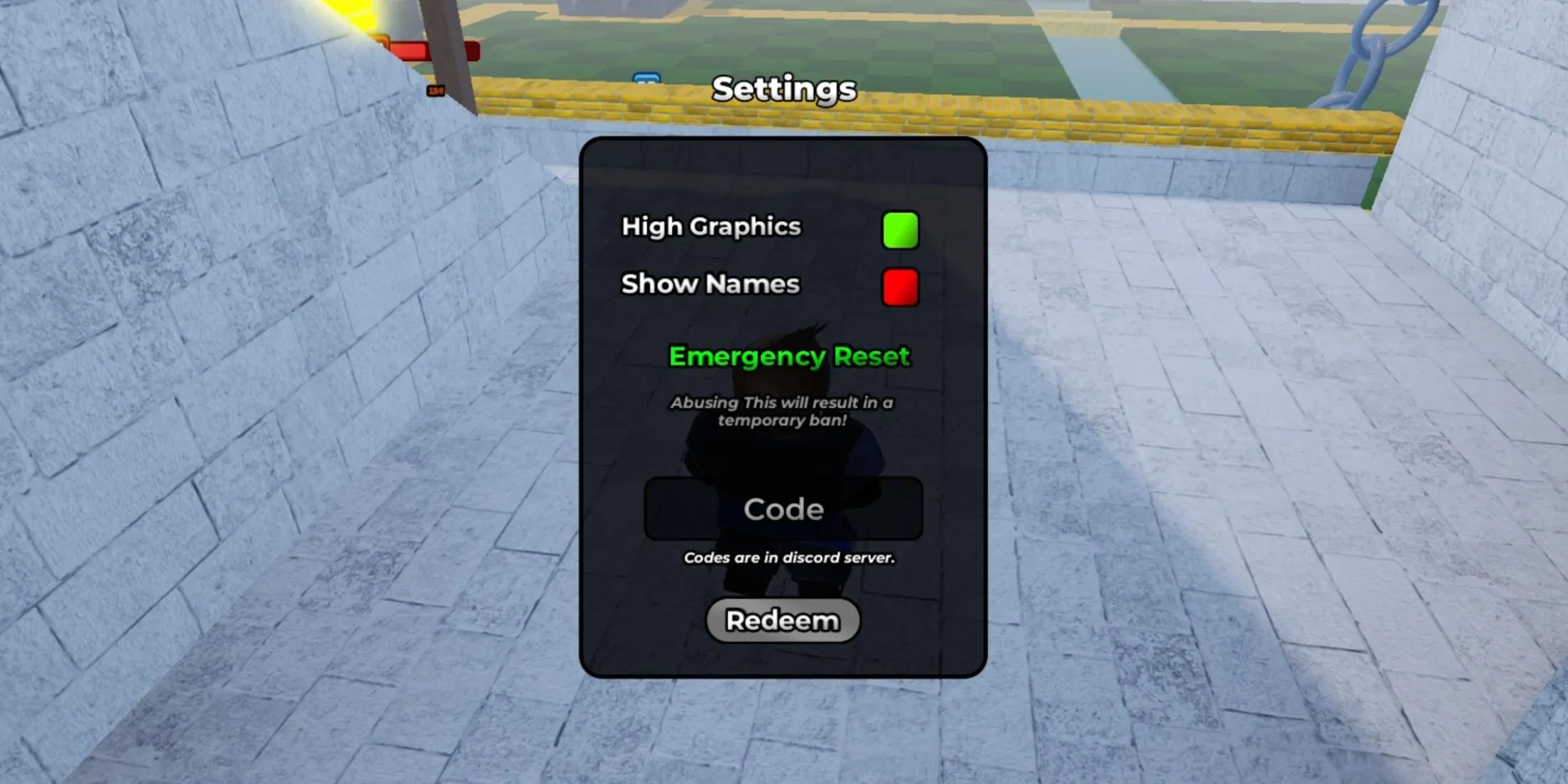 Giao diện cài đặt và ô nhập mã code trong game Arena Royale để nhận thưởng.