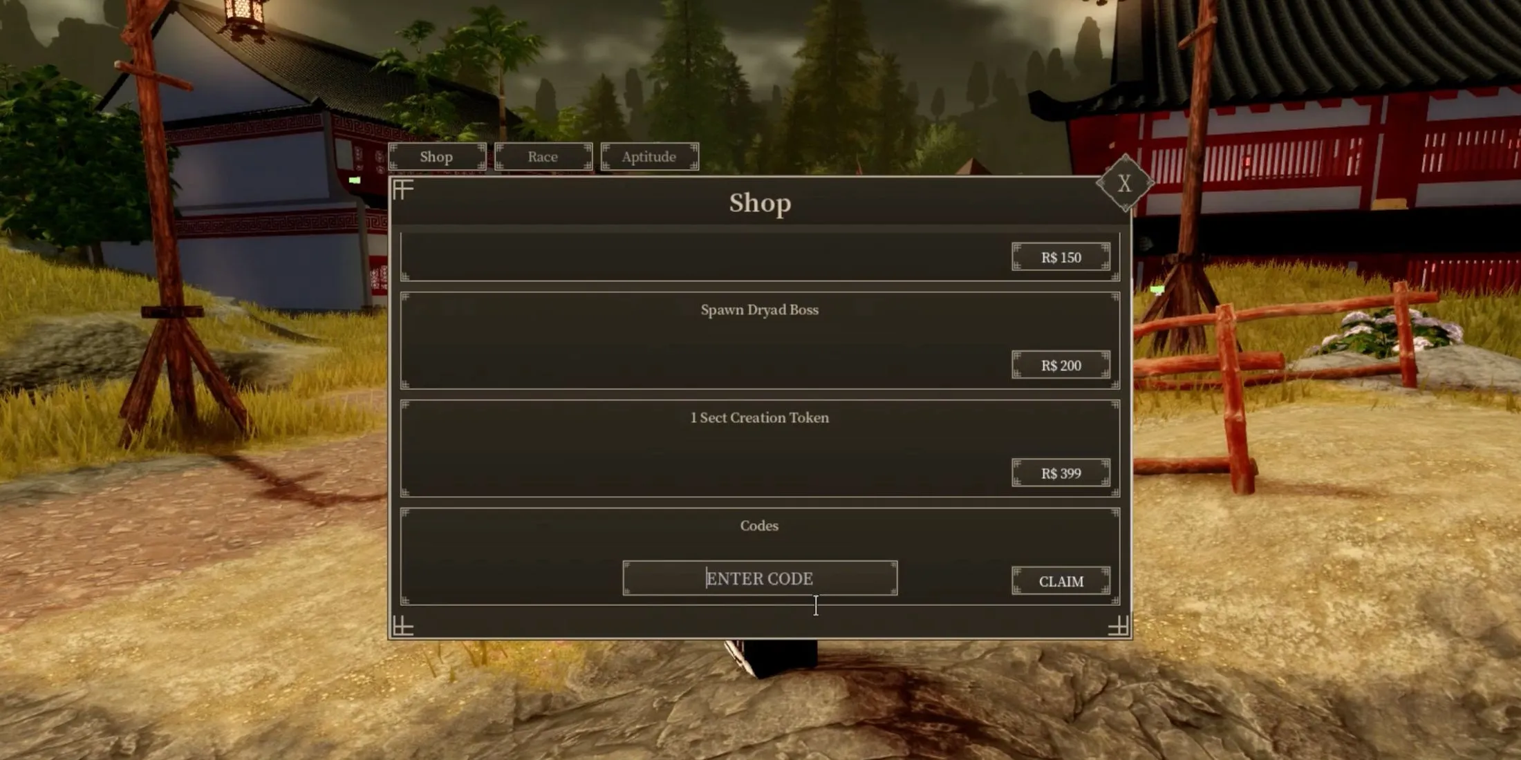 Giao diện đổi mã code trong Murim Cultivation trên Roblox, hiển thị ô nhập mã và nút xác nhận.