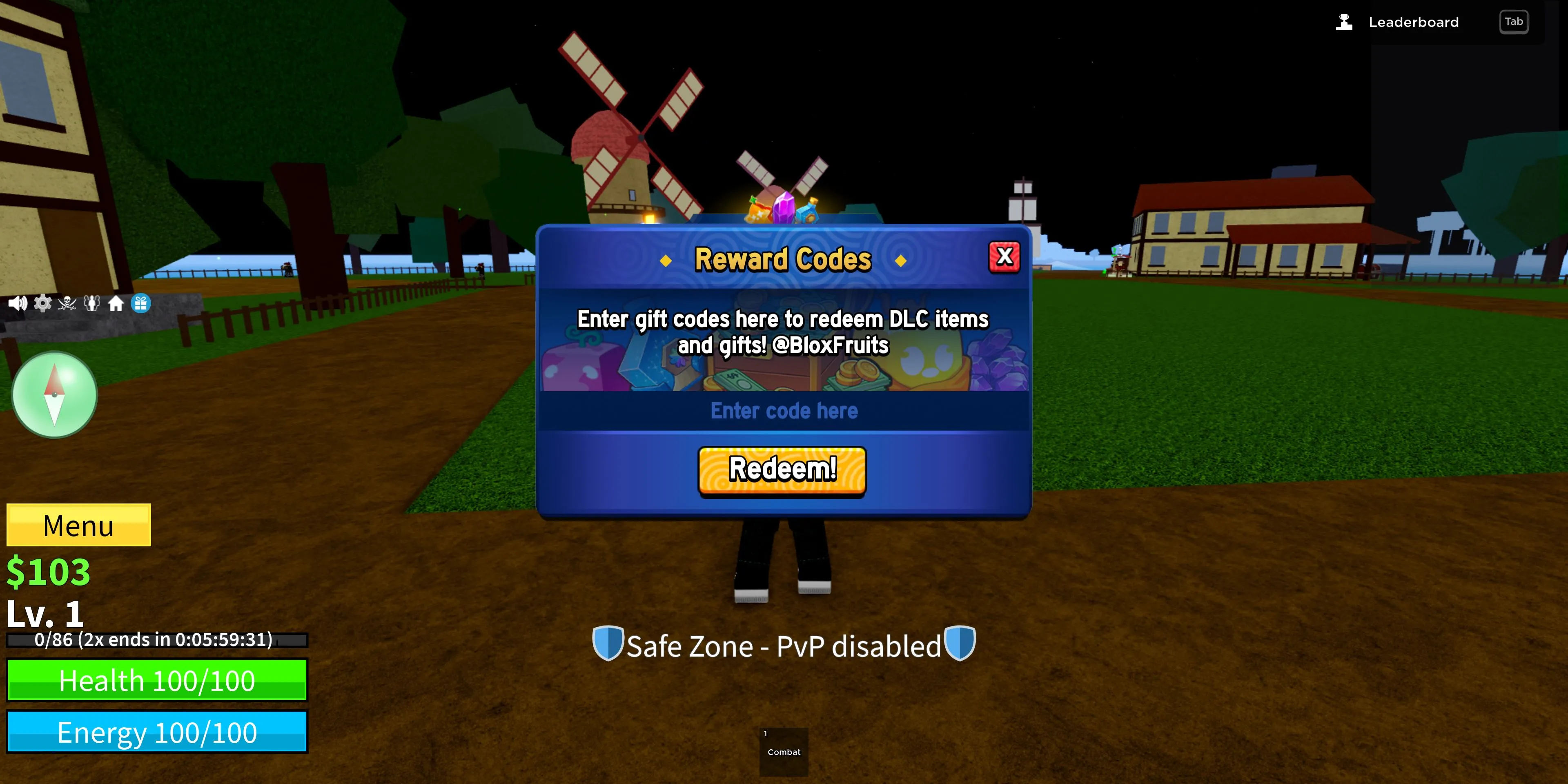 Giao diện nhập code Blox Fruits trên Roblox để nhận phần thưởng