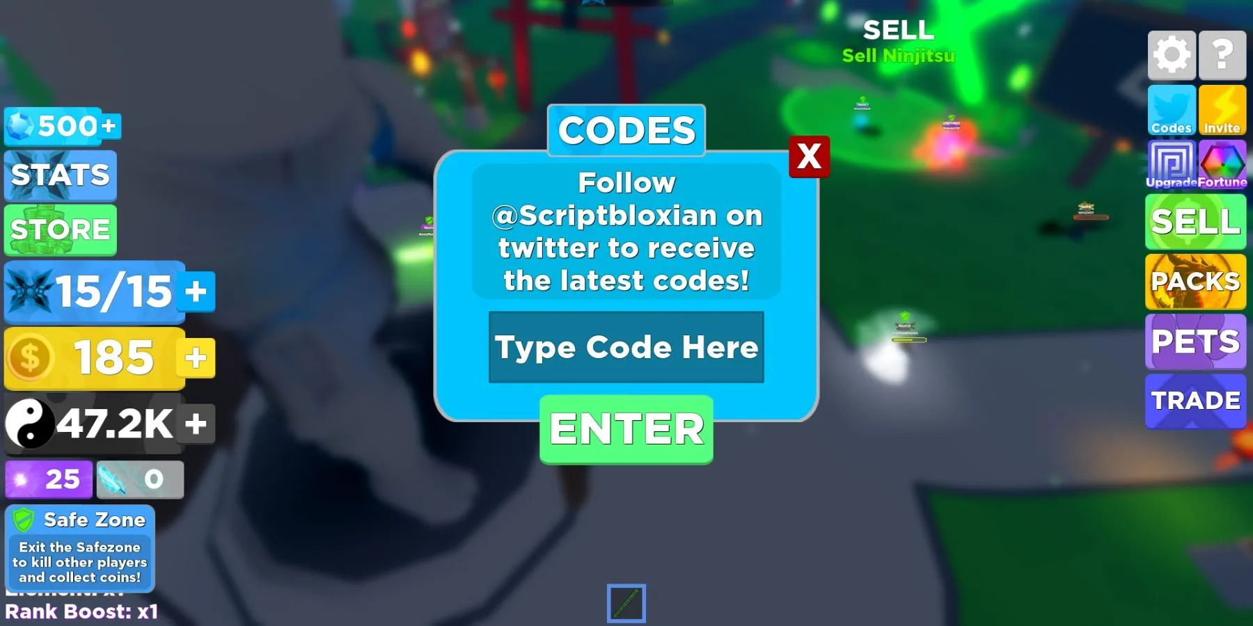 Giao diện nhập mã code trong game Ninja Legends trên Roblox, hiển thị ô &quot;Type Code Here&quot; để game thủ điền mã đổi thưởng.