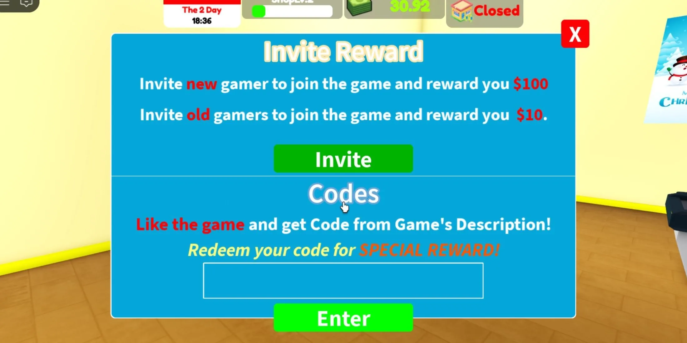 Giao diện nhập mã code trong game Supermarket Simulator trên nền tảng Roblox, minh họa ô nhập code và nút Enter.