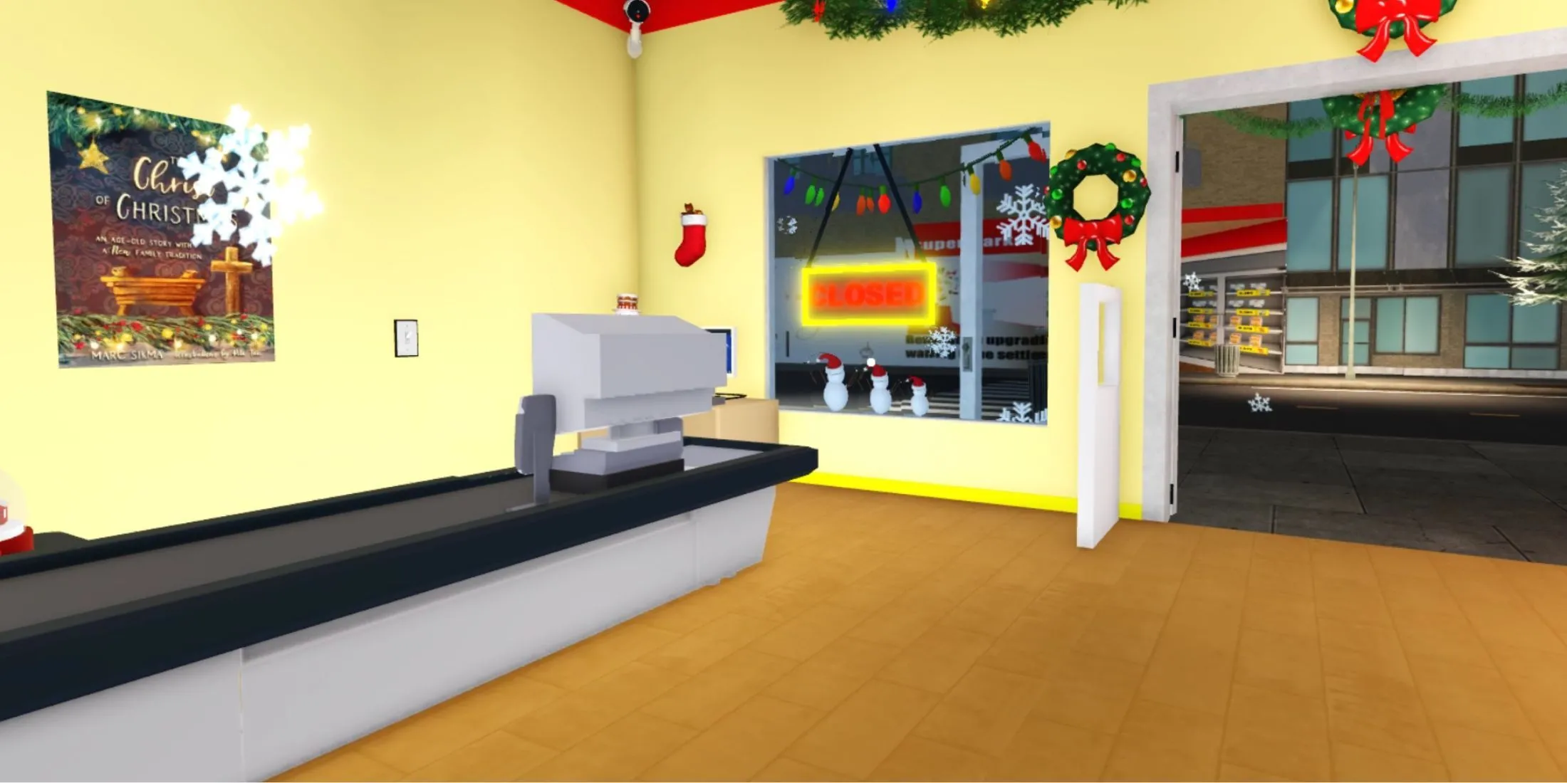 Hình ảnh tổng quan một siêu thị được xây dựng và phát triển trong game Supermarket Simulator trên Roblox.