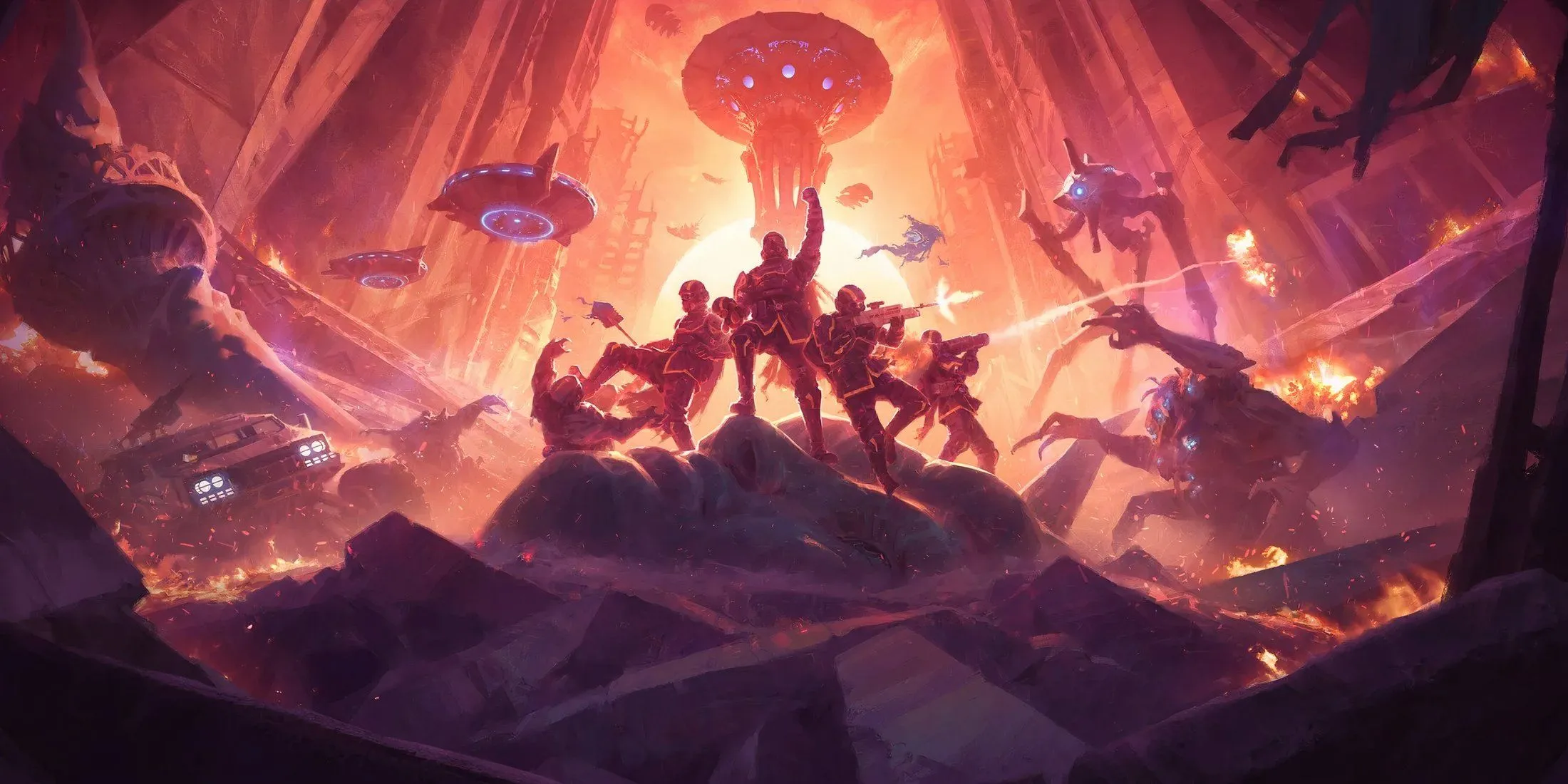 Một cảnh quan chiến trường khốc liệt trong Helldivers 2, tượng trưng cho những hiểm nguy mà Warp Pack có thể gây ra.