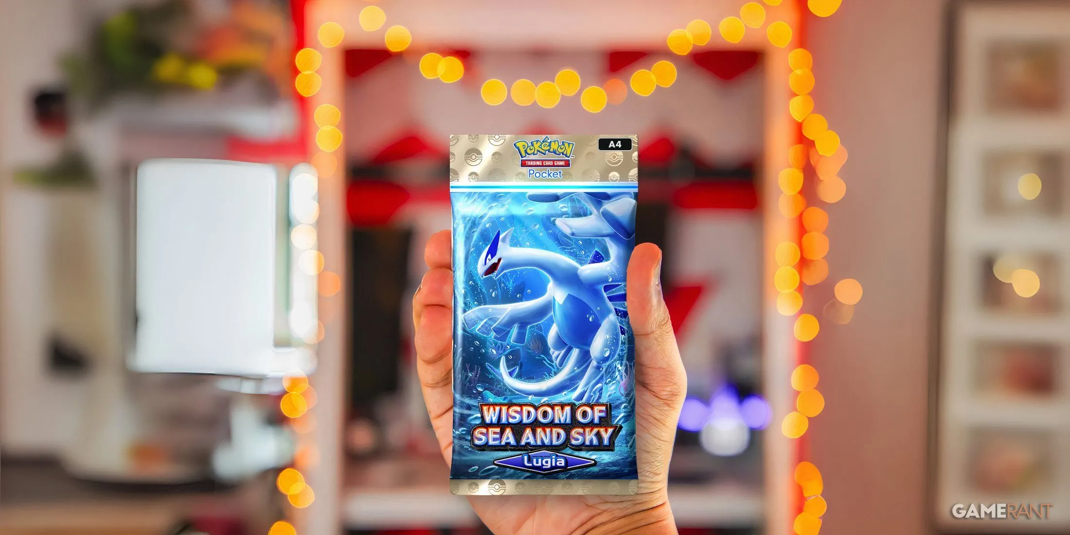 Người chơi cầm gói bài Wisdom of Sea and Sky trong Pokemon TCG Pocket, tượng trưng cho gói thẻ 6 lá mới