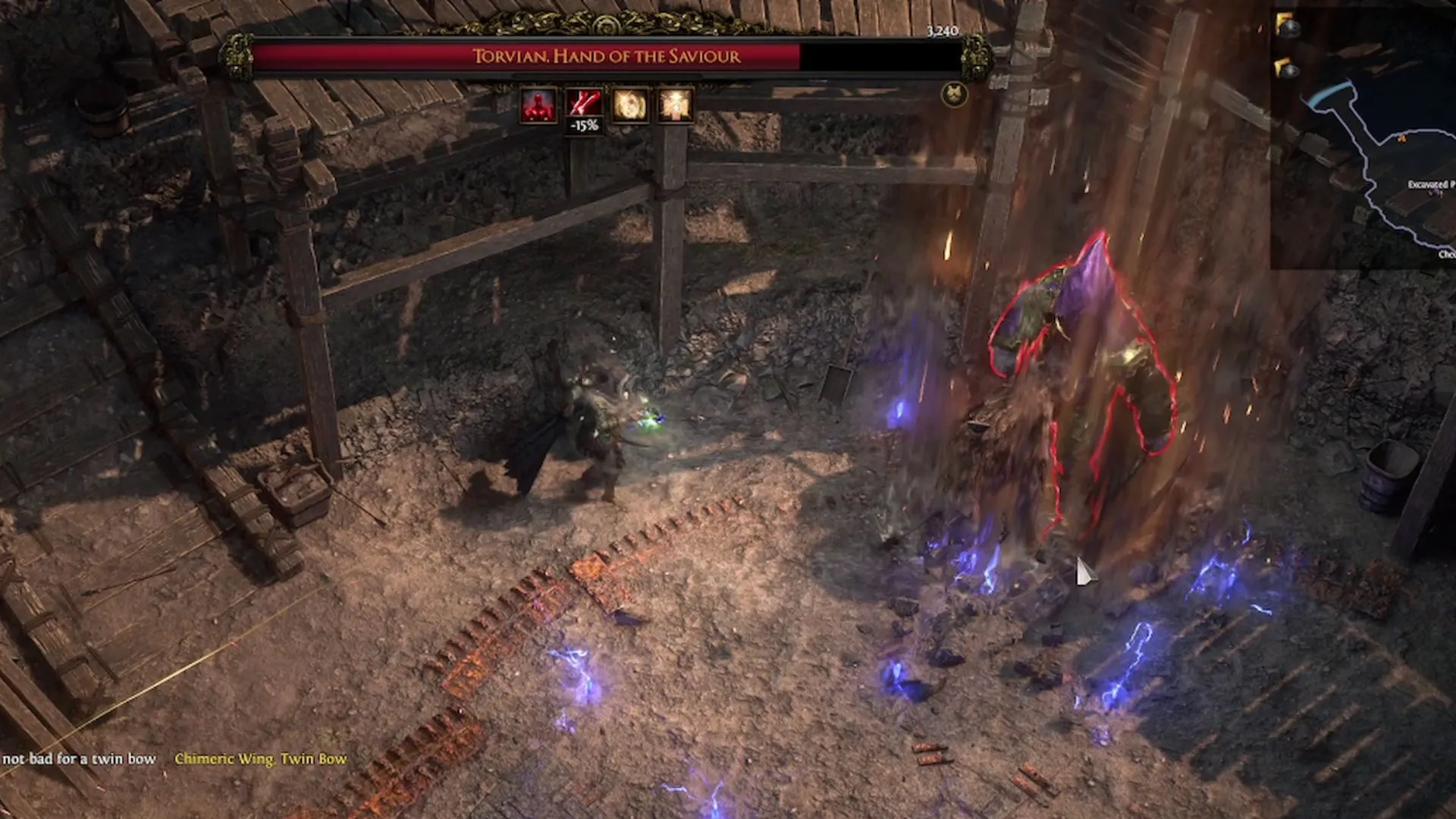 Người chơi đứng gần mép đấu trường Path of Exile 2 để dụ Torvian ném đá trúng pháp sư hỗ trợ