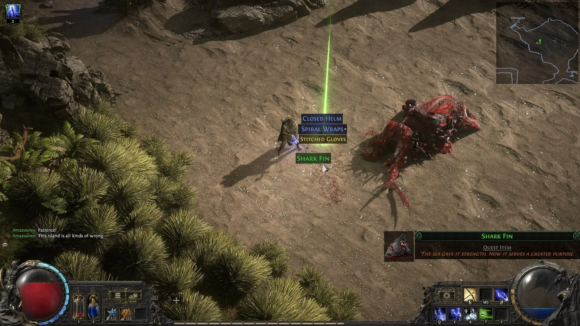 Nhân vật nhặt vật phẩm Shark Fin trong Path of Exile 2