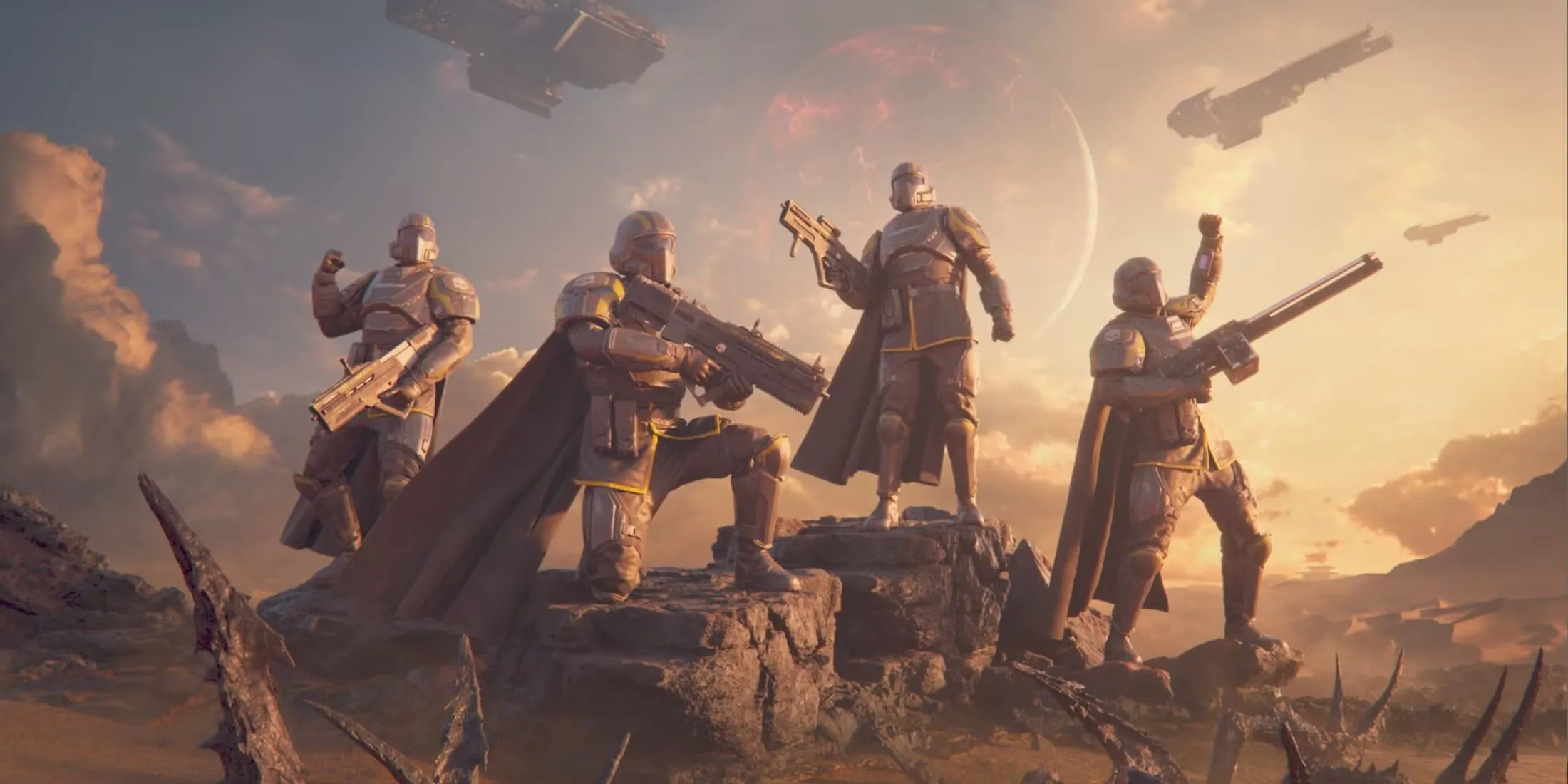 Nhóm Helldivers ăn mừng chiến thắng, tượng trưng cho sự gia tăng người chơi Helldivers 2 sau khi ra mắt trên Xbox.