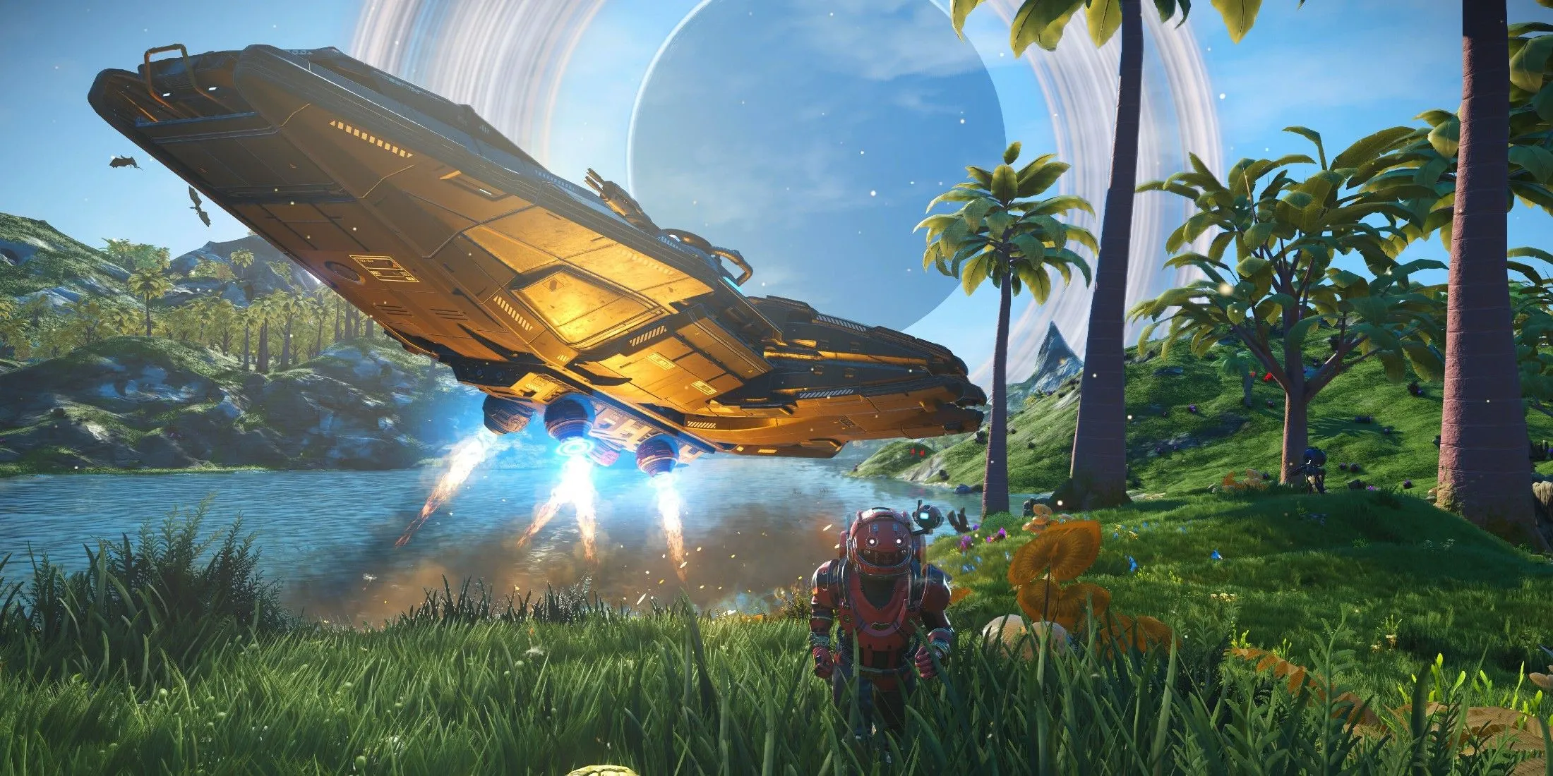 Phi thuyền của người chơi No Man's Sky bay qua hành tinh tươi tốt