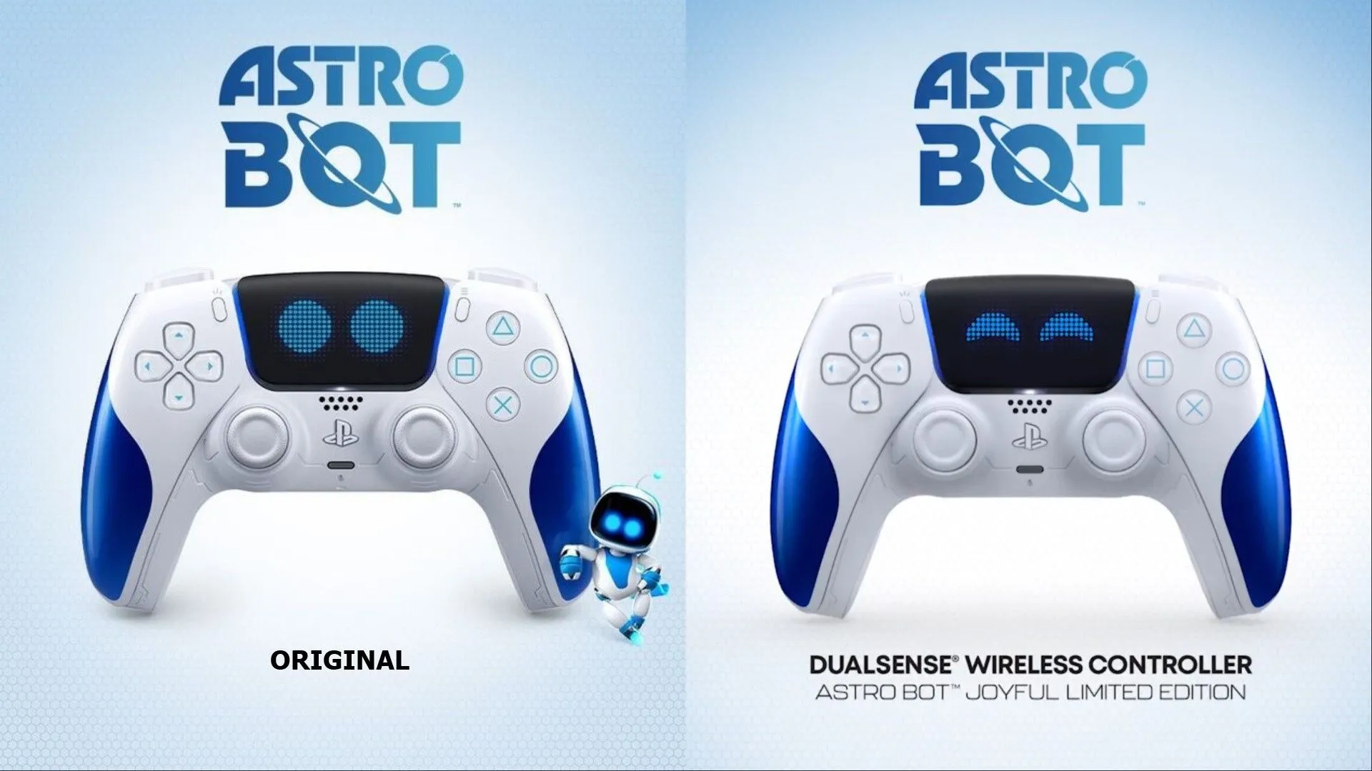 So sánh hai phiên bản tay cầm DualSense Astro Bot: biểu cảm mắt tĩnh và mắt cười Joyful