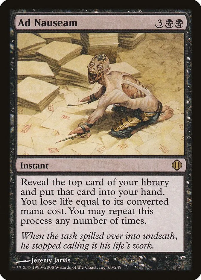 Thẻ bài Ad Nauseam trong Magic The Gathering, thường được sử dụng trong các combo rút bài mạnh mẽ cho các deck Commander tận dụng đất.
