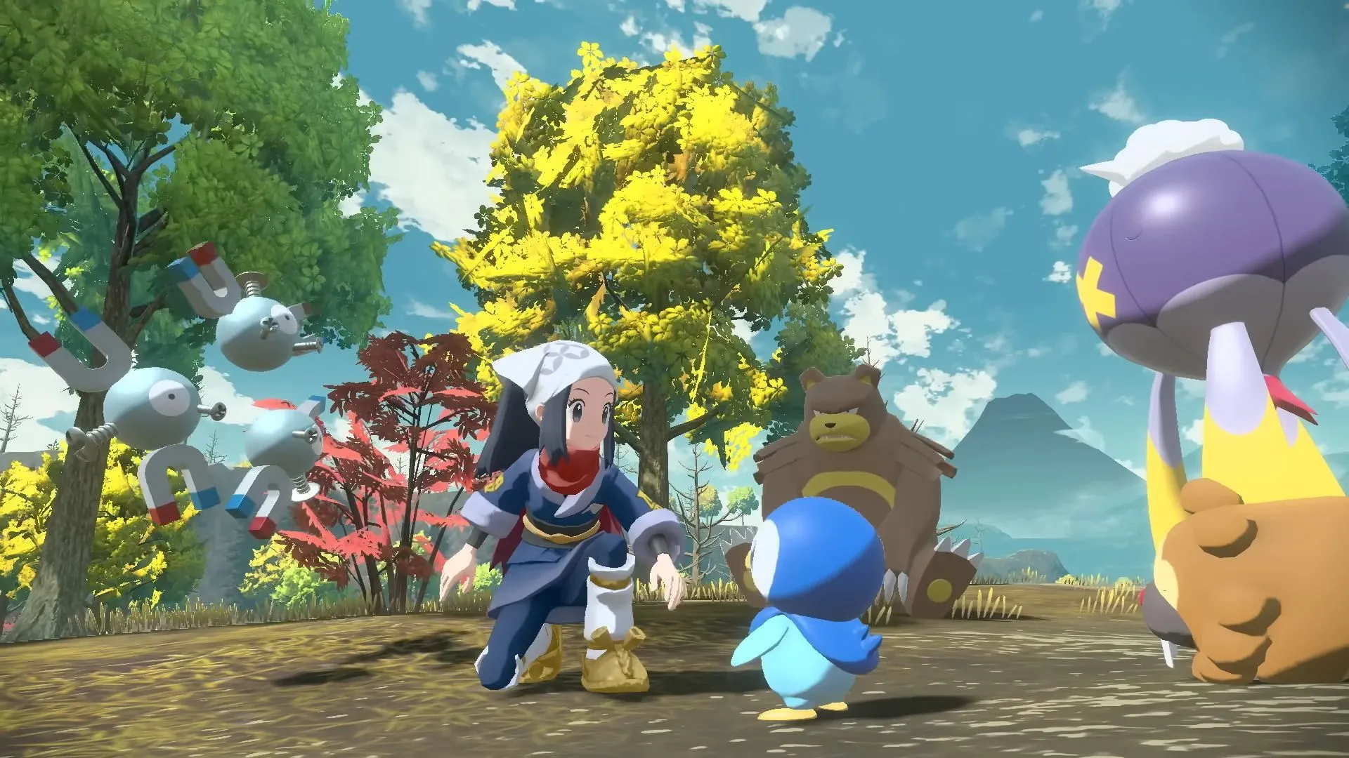 Akari interacts with some of the wild Pokemon she caught - Pokemon Legends Arceus