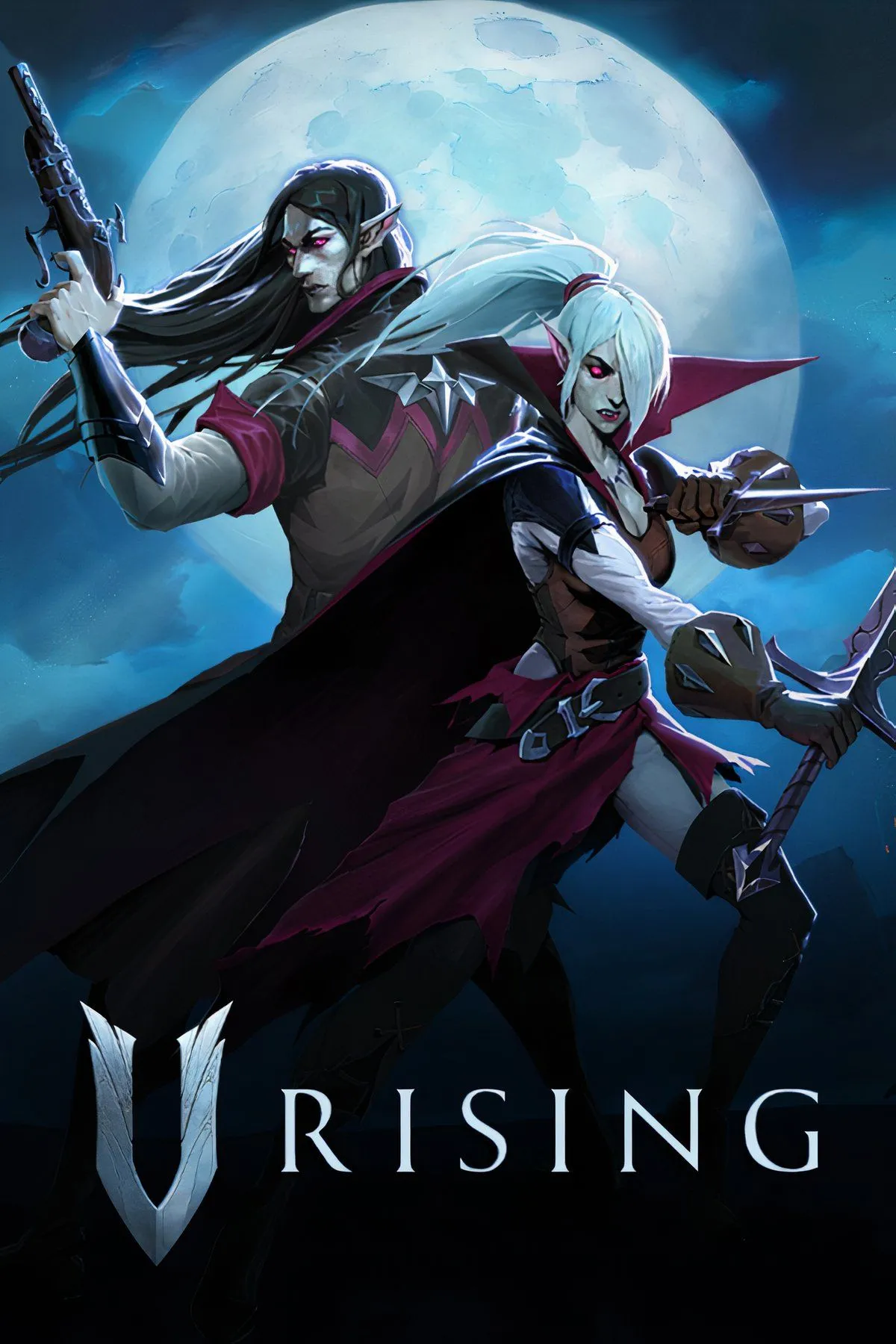 Ảnh artwork và screenshot V Rising, thể hiện phong cách isometric, lâu đài và yếu tố sinh tồn của game