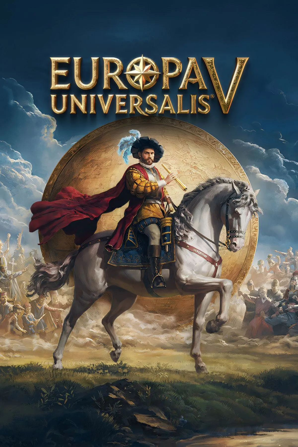 Ảnh bìa Europa Universalis V, thể hiện bản đồ và biểu tượng grand strategy toàn cầu