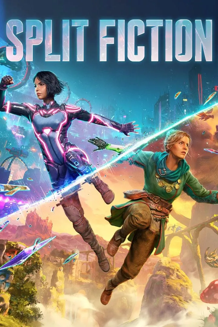 Ảnh bìa Split Fiction mô tả hai nhân vật chính và yếu tố thế giới tưởng tượng
