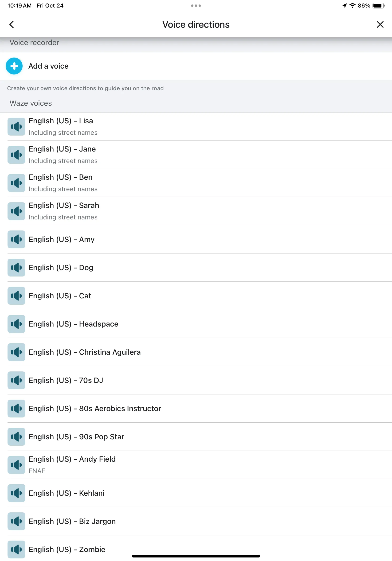 Ảnh chụp màn hình cài đặt giọng nói và biểu tượng xe trong Waze