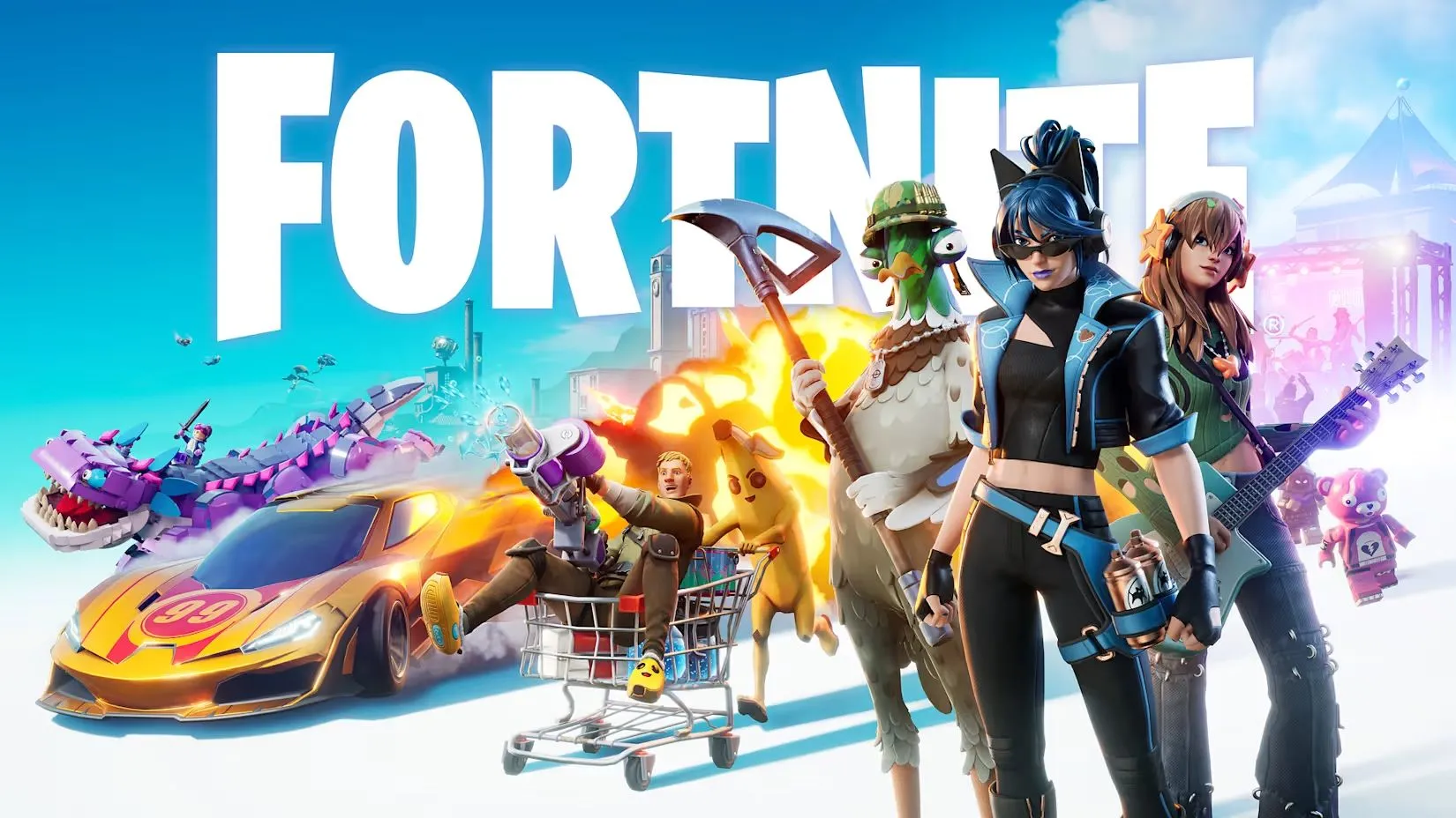 Ảnh quảng bá Fortnite press image với Wednesday và phụ kiện Nevermore