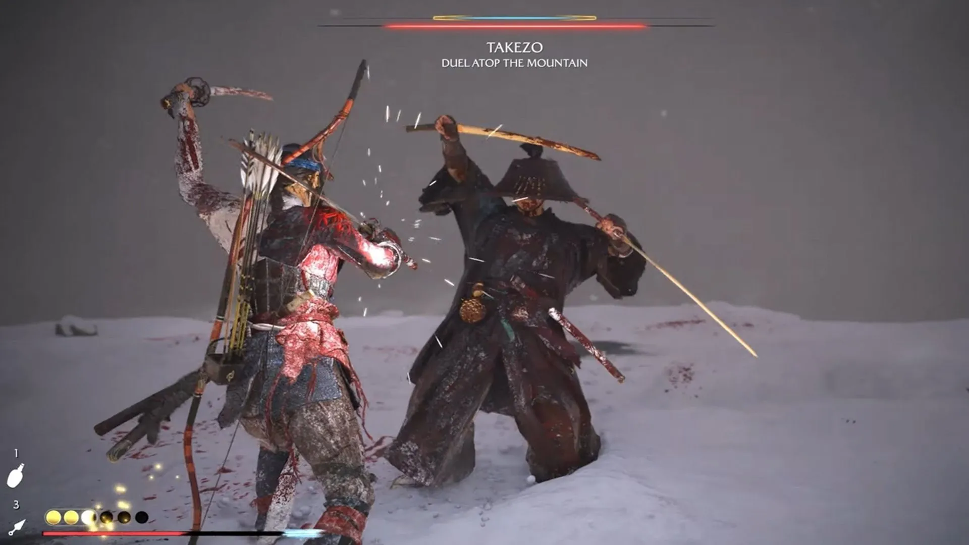 Atsu đối đầu với Takezo trong Ghost of Yotei, pha chiến đấu cận chiến