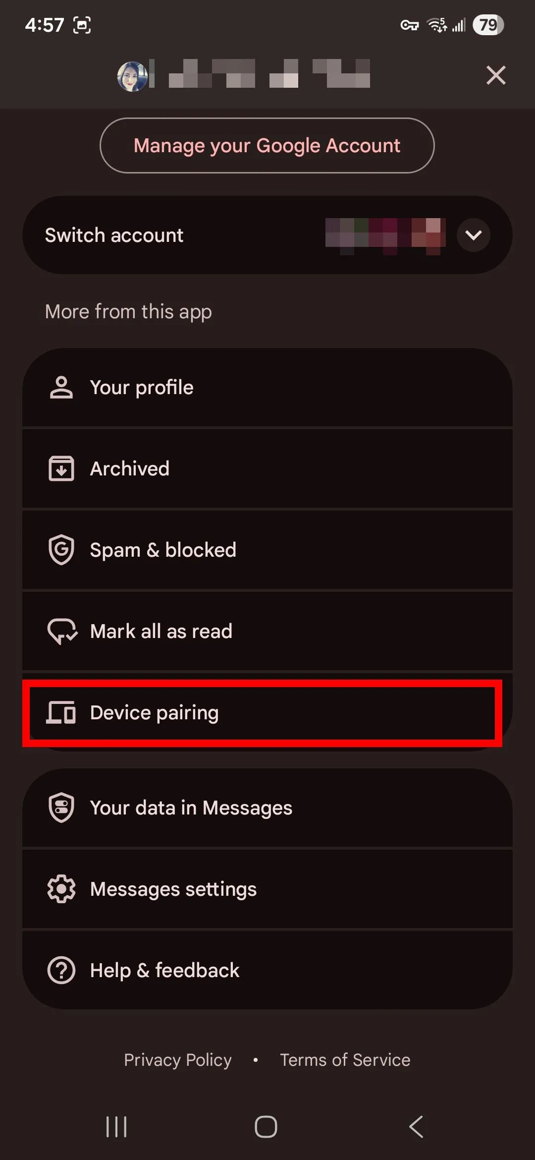 Bảng ghép thiết bị trong menu profile của Google Messages app