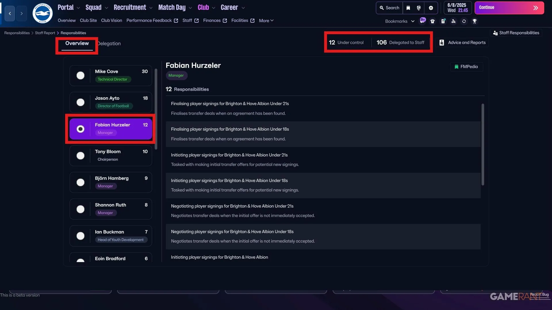 Bảng tổng quan giao phó trong FM26, hiển thị số nhiệm vụ Under Control và Delegated to Staff