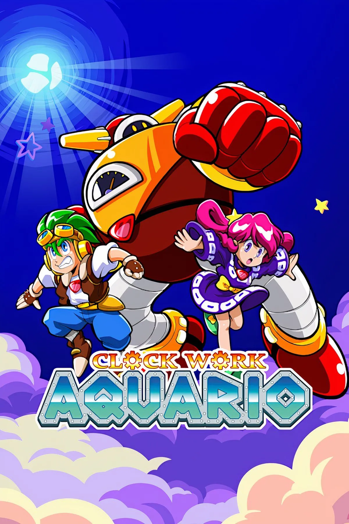 Bìa Clockwork Aquario minh họa phong cách platformer 2D cổ điển được hồi sinh sau nhiều thập kỷ