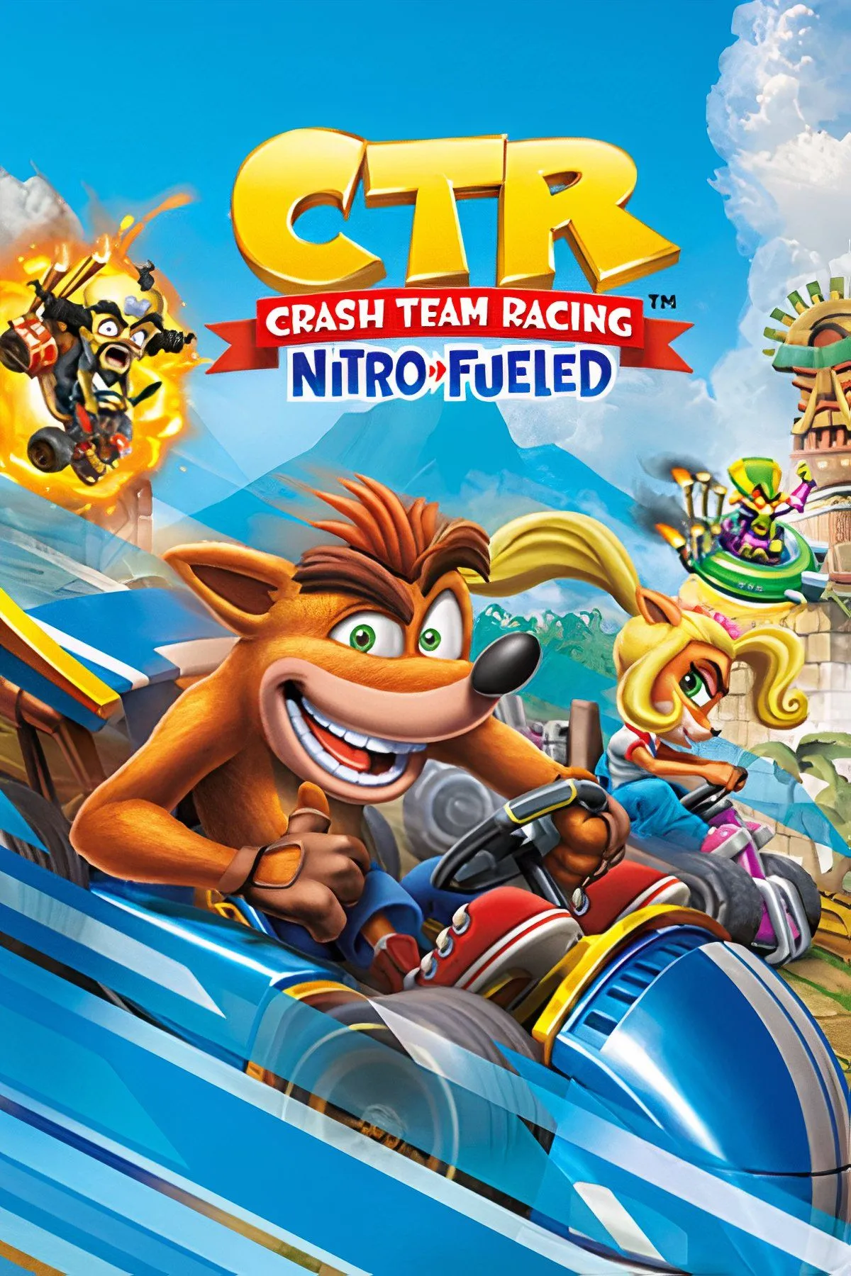 Bìa Crash Team Racing Nitro-Fueled với xe đua và hiệu ứng màu sắc rực rỡ