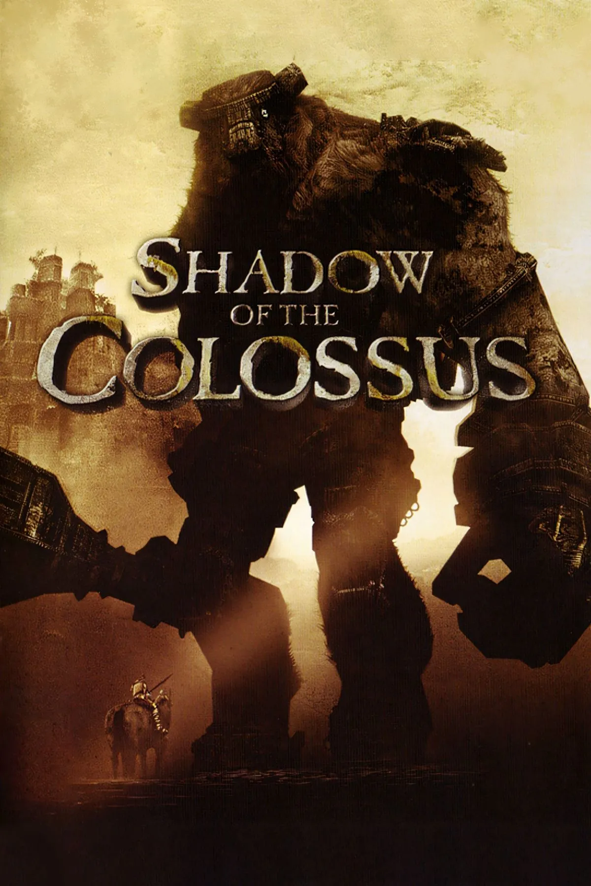 Bìa Shadow of the Colossus với hình tượng khổng lồ và phong cảnh hoang vu