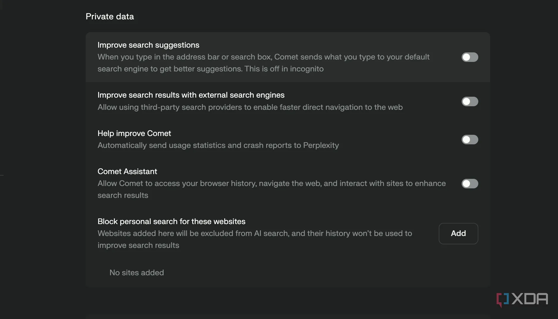Cài đặt quyền riêng tư của Comet trên macOS thể hiện tùy chọn tắt và bật tính năng AI
